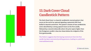 13.DarkCoverCloud
CandlestickPattern
The Dark Cloud Cover is a bearish candlestick reversal pattern that
occurs at the end of an uptrend signaling a potential shift from
bullish to bearish sentiment. This pattern consists of two candlesticks
and is identified by a strong upward move on the first candle,
followed by a second (red)candle where the price opens higher than
the first(green) candle's close but closes below the midpoint of the
first (green)candle.
This Pattern suggests that the buying momentum from the first
candle has been overcome by selling pressure, leading to a potential
reversal(Downtrend).
 