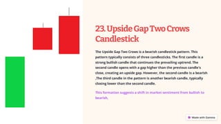 23.UpsideGapTwoCrows
Candlestick
The Upside Gap Two Crows is a bearish candlestick pattern. This
pattern typically consists of three candlesticks. The first candle is a
strong bullish candle that continues the prevailing uptrend. The
second candle opens with a gap higher than the previous candle's
close, creating an upside gap. However, the second candle is a bearish
,The third candle in the pattern is another bearish candle, typically
closing lower than the second candle.
This formation suggests a shift in market sentiment from bullish to
bearish,
 