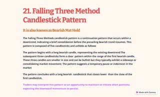 21.FallingThreeMethod
CandlestickPattern
ItisalsoknownasBearishMatHold
The Falling Three Methods candlestick pattern is a continuation pattern that occurs within a
downtrend, indicating a brief consolidation before the prevailing bearish trend resumes. This
pattern is composed of five candlesticks and unfolds as follows
The pattern begins with a long bearish candle, representing the existing downtrend The
subsequent three candlesticks form a clear pattern within the range of the first bearish candle.
These three candles are smaller in size and can be bullish but they typically exhibit a sideways or
consolidating market movement. The pattern suggests a temporary pause or indecision in the
market
The pattern concludes with a long bearish candlestick that closes lower than the close of the
first candlestick.
Traders may interpret this pattern as an opportunity to maintain or initiate short positions,
expecting the downward momentum to persist.
 