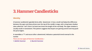3.HammerCandlesticks
Identity
A hammer candlestick typically forms after downtrend . It has a small real body (the difference
between the open and close prices) near the top of the candle's range, with a long lower shadow
(also called the "tail") that is at least two times the length of the real body. The upper shadow is
usually small or nonexistent. This pattern suggests that buyers are gaining control and may push
the price higher.
It resembles a "T" and occurs after a downtrend, indicates a potential trend reversal in the
market
There are two types of Hammer Candlesticks :-
1. Bullish Hammer 2. Bearish Hammer
 