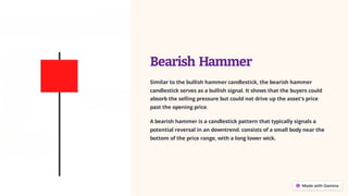 Bearish Hammer
Similar to the bullish hammer candlestick, the bearish hammer
candlestick serves as a bullish signal. It shows that the buyers could
absorb the selling pressure but could not drive up the asset's price
past the opening price.
A bearish hammer is a candlestick pattern that typically signals a
potential reversal in an downtrend. consists of a small body near the
bottom of the price range, with a long lower wick.
 