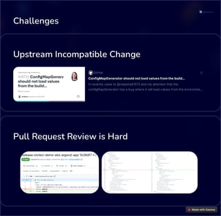 Challenges
Upstream Incompatible Change
GitHub
ConfigMapGeneratorshouldnotloadvaluesfromthebuild…
Itrecently cameto@natasha41575and my attentionthatthe
configMapGenerator hasabugwhereitwillload valuesfromtheenvironme…
Pull Request Review is Hard
 