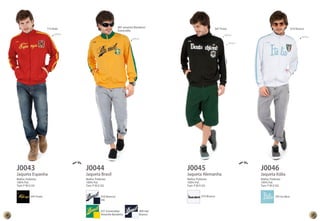 714 Rubi 681 amarelo Bandeira/ 
J0043 J0044 
Jaqueta Espanha Jaqueta Brasil 
Malha: Poliéster 
Malha: Poliéster 
100% Pol. 
100% Pol. 
Tam: P M G GG 
Tam: P M G GG 
Esmeralda 
047 Preto 
010 Branco/ 
Ink 
651 Esmeralda/ 
Amarelo Bandeira 
404 Ink/ 
Branco 
Aplique 
Aplique 
047 Preto 010 Branco 
Aplique 
J0045 J0046 
Jaqueta Alemanha Jaqueta Itália 
Malha: Poliéster 
Malha: Poliéster 
100% Pol. 
100% Pol. 
Tam: P M G GG 
Tam: P M G GG 
010 Branco 705 Ice Blue 
Aplique 
Aplique 
16 17 
 