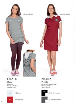 6 
G0214 
N1402 
Blusa 
Vestido 
Viscolycra 
96% Visc., 4% Elas. 
Tam: P M G GG 
Cotton com Elastano Leve 
96% Alg., 4% Elas. 
Tam: P M G GG 
741 Cereja / Branco 
750 Mescla Prata 
010 Branco 
047 Preto / Branco 
647 Tangerina 
743 Cobalto / Branco  