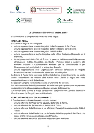 10
La Governance del “Provaci ancora, Sam!”
La Governance di progetto sarà strutturata come segue:
CABINA DI REGIA
La Cabina di Regia è così composta:
- un/una rappresentante o suo/a delegato/a della Compagnia di San Paolo,
- un/una rappresentante o suo/a delegato/a della Fondazione per la Scuola,
- un/una rappresentante o suo/a delegato/a dell’Ufficio Pio,
- un/una rappresentante o suo/a delegato/a della Ufficio Scolastico Regionale per il
Piemonte,
- tre rappresentanti della Città di Torino, in persona dell’Assessore/dell’Assessora
all’Istruzione - Edilizia Scolastica, alla Salute - Politiche Sociali e Abitative, alle
Politiche Giovanili - Coordinamento Politiche per le Multiculturalità e per
l’Integrazione dei nuovi cittadini, o un/una loro delegato,
- un/una rappresentante delle Organizzazioni territoriali partecipanti al Progetto
Provaci ancora Sam nominato dalle stesse o un suo delegato/a.
La Cabina di Regia viene convocata dal Comitato tecnico di coordinamento, cui spetta
anche l’elaborazione del verbale delle riunioni della Cabina di Regia, che verrà
approvato dai componenti della stessa.
Le decisioni vengono validamente assunte all’unanimità dei presenti.
Il/la rappresentante delle Organizzazioni territoriali non potrà partecipare né prendere
decisioni in merito all’approvazione del budget annuale dell’intervento.
Alle riunioni della Cabina di Regia partecipano i componenti del Comitato Tecnico di
Coordinamento del Progetto senza diritto di voto.
COMITATO TECNICO DI COORDINAMENTO
Il Comitato tecnico di coordinamento è così composto:
- un/una referente dell’Area Servizi Educativi della Città di Torino,
- un/una referente del Servizio Minori della Città di Torino,
- un/una referente della Direzione a cui afferisce il Servizio Integrazione della Città di
Torino,
- un/una referente della Fondazione per la Scuola della Compagnia di San Paolo che
segue anche il processo di valutazione del Progetto,
- un/una referente dell’Ufficio Scolastico Regionale per il Piemonte.
 