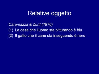 Relative oggetto 
Caramazza & Zurif (1976) 
(1) La casa che l’uomo sta pitturando è blu 
(2) Il gatto che il cane sta inseguendo è nero 
 