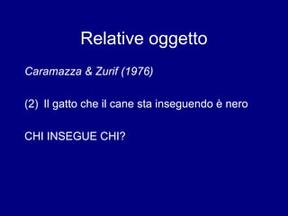 Relative oggetto 
Caramazza & Zurif (1976) 
(2) Il gatto che il cane sta inseguendo è nero 
CHI INSEGUE CHI? 
 