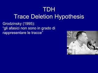 TDH 
Trace Deletion Hypothesis 
Grodzinsky (1995): 
“gli afasici non sono in grado di 
rappresentare le tracce” 
 
