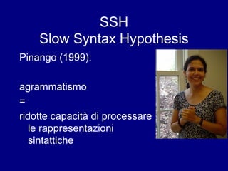 SSH 
Slow Syntax Hypothesis 
Pinango (1999): 
agrammatismo 
= 
ridotte capacità di processare 
le rappresentazioni 
sintattiche 
 