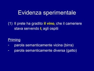 Evidenza sperimentale 
(1) Il prete ha gradito il vino1 che il cameriere 
stava servendo t1 agli ospiti 
Priming 
- parola semanticamente vicina (birra) 
- parola semanticamente diversa (gatto) 
 