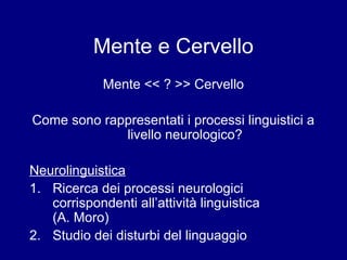 Mente e Cervello 
Mente << ? >> Cervello 
Come sono rappresentati i processi linguistici a 
livello neurologico? 
Neurolinguistica 
1. Ricerca dei processi neurologici 
corrispondenti all’attività linguistica 
(A. Moro) 
2. Studio dei disturbi del linguaggio 
 