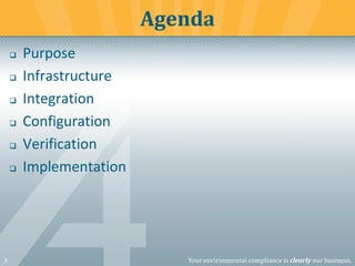 3 Your environmental compliance is clearly our business.
❑ Purpose
❑ Infrastructure
❑ Integration
❑ Configuration
❑ Verification
❑ Implementation
Agenda
 
