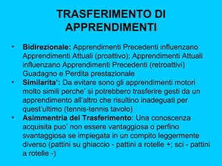 TRASFERIMENTO DI
APPRENDIMENTI
•

•

•

Bidirezionale: Apprendimenti Precedenti influenzano
Apprendimenti Attuali (proattivo); Apprendimenti Attuali
influenzano Apprendimenti Precedenti (retroattivi)
Guadagno e Perdita prestazionale
Similarita’: Da evitare sono gli apprendimenti motori
molto simili perche’ si potrebbero trasferire gesti da un
apprendimento all’altro che risultino inadeguati per
quest’ultimo (tennis-tennis tavolo)
Asimmentria del Trasferimento: Una conoscenza
acquisita puo’ non essere vantaggiosa o perfino
svantaggiosa se impiegata in un compito leggermente
diverso (pattini su ghiaccio - pattini a rotelle +; sci - pattini
a rotelle -)

 