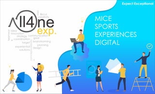 Expect Exceptional
MICE
SPORTS
EXPERIENCES
DIGITAL
Idea
Innovation
teamwor
k
strategy
visio
n
focus
creativity
communication
conceptualizatio
n
goal
brainstrorming
planning
design
coordination
target
experiential
solutions
 