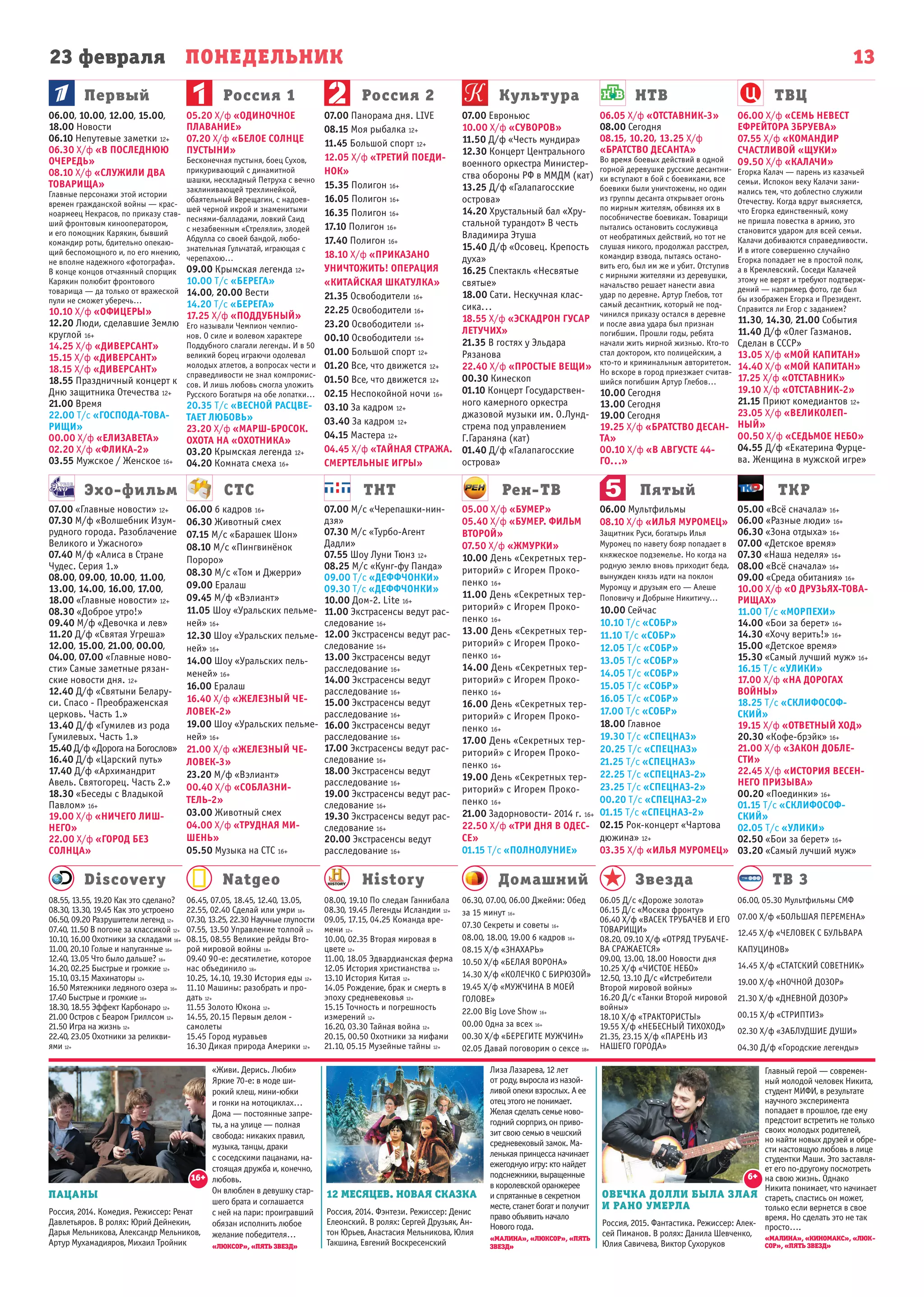 23 февраля ПОНЕДЕЛЬНИК
Первый
Эхо-фильм СТС ТНТ Рен-ТВ Пятый ТКР
Россия 1 Россия 2 Культура НТВ ТВЦ
13
Natgeo History Домашний Звезда ТВ 3Discovery
06.00, 10.00, 12.00, 15.00,
18.00 Новости
06.10 Непутевые заметки 12+
06.30 Х/ф «В ПОСЛЕДНЮЮ
ОЧЕРЕДЬ»
08.10 Х/ф «СЛУЖИЛИ ДВА
ТОВАРИЩА»
Главные персонажи этой истории
времен гражданской войны — крас-
ноармеец Некрасов, по приказу став-
ший фронтовым кинооператором,
и его помощник Карякин, бывший
командир роты, бдительно опекаю-
щий беспомощного и, по его мнению,
не вполне надежного «фотографа».
В конце концов отчаянный спорщик
Карякин полюбит фронтового
товарища — да только от вражеской
пули не сможет уберечь…
10.10 Х/ф «ОФИЦЕРЫ»
12.20 Люди, сделавшие Землю
круглой 16+
14.25 Х/ф «ДИВЕРСАНТ»
15.15 Х/ф «ДИВЕРСАНТ»
18.15 Х/ф «ДИВЕРСАНТ»
18.55 Праздничный концерт к
Дню защитника Отечества 12+
21.00 Время
22.00 Т/с «ГОСПОДА-ТОВА-
РИЩИ»
00.00 Х/ф «ЕЛИЗАВЕТА»
02.20 Х/ф «ФЛИКА-2»
03.55 Мужское / Женское 16+
05.20 Х/ф «ОДИНОЧНОЕ
ПЛАВАНИЕ»
07.20 Х/ф «БЕЛОЕ СОЛНЦЕ
ПУСТЫНИ»
Бесконечная пустыня, боец Сухов,
прикуривающий с динамитной
шашки, нескладный Петруха с вечно
заклинивающей трехлинейкой,
обаятельный Верещагин, с надоев-
шей черной икрой и знаменитыми
песнями-балладами, ловкий Саид
с незабвенным «Стреляли», злодей
Абдулла со своей бандой, любо-
знательная Гульчатай, играющая с
черепахою…
09.00 Крымская легенда 12+
10.00 Т/с «БЕРЕГА»
14.00, 20.00 Вести
14.20 Т/с «БЕРЕГА»
17.25 Х/ф «ПОДДУБНЫЙ»
Его называли Чемпион чемпио-
нов. О силе и волевом характере
Поддубного слагали легенды. И в 50
великий борец играючи одолевал
молодых атлетов, а вопросах чести и
справедливости не знал компромис-
сов. И лишь любовь смогла уложить
Русского Богатыря на обе лопатки…
20.35 Т/с «ВЕСНОЙ РАСЦВЕ-
ТАЕТ ЛЮБОВЬ»
23.20 Х/ф «МАРШ-БРОСОК.
ОХОТА НА «ОХОТНИКА»
03.20 Крымская легенда 12+
04.20 Комната смеха 16+
07.00 Панорама дня. LIVE
08.15 Моя рыбалка 12+
11.45 Большой спорт 12+
12.05 Х/ф «ТРЕТИЙ ПОЕДИ-
НОК»
15.35 Полигон 16+
16.05 Полигон 16+
16.35 Полигон 16+
17.10 Полигон 16+
17.40 Полигон 16+
18.10 Х/ф «ПРИКАЗАНО
УНИЧТОЖИТЬ! ОПЕРАЦИЯ
«КИТАЙСКАЯ ШКАТУЛКА»
21.35 Освободители 16+
22.25 Освободители 16+
23.20 Освободители 16+
00.10 Освободители 16+
01.00 Большой спорт 12+
01.20 Все, что движется 12+
01.50 Все, что движется 12+
02.15 Неспокойной ночи 16+
03.10 За кадром 12+
03.40 За кадром 12+
04.15 Мастера 12+
04.45 Х/ф «ТАЙНАЯ СТРАЖА.
СМЕРТЕЛЬНЫЕ ИГРЫ»
07.00 Евроньюс
10.00 Х/ф «СУВОРОВ»
11.50 Д/ф «Честь мундира»
12.30 Концерт Центрального
военного оркестра Министер-
ства обороны РФ в ММДМ (кат)
13.25 Д/ф «Галапагосские
острова»
14.20 Хрустальный бал «Хру-
стальной турандот» В честь
Владимира Этуша
15.40 Д/ф «Осовец. Крепость
духа»
16.25 Спектакль «Несвятые
святые»
18.00 Сати. Нескучная клас-
сика...
18.55 Х/ф «ЭСКАДРОН ГУСАР
ЛЕТУЧИХ»
21.35 В гостях у Эльдара
Рязанова
22.40 Х/ф «ПРОСТЫЕ ВЕЩИ»
00.30 Кинескоп
01.10 Концерт Государствен-
ного камерного оркестра
джазовой музыки им. О.Лунд-
стрема под управлением
Г.Гараняна (кат)
01.40 Д/ф «Галапагосские
острова»
06.05 Х/ф «ОТСТАВНИК-3»
08.00 Сегодня
08.15, 10.20, 13.25 Х/ф
«БРАТСТВО ДЕСАНТА»
Во время боевых действий в одной
горной деревушке русские десантни-
ки вступают в бой с боевиками, все
боевики были уничтожены, но один
из группы десанта открывает огонь
по мирным жителям, обвиняя их в
пособничестве боевикам. Товарищи
пытались остановить сослуживца
от необратимых действий, но тот не
слушая никого, продолжал расстрел,
командир взвода, пытаясь остано-
вить его, был им же и убит. Отступив
с мирными жителями из деревушки,
начальство решает нанести авиа
удар по деревне. Артур Глебов, тот
самый десантник, который не под-
чинился приказу остался в деревне
и после авиа удара был признан
погибшим. Прошли годы, ребята
начали жить мирной жизнью. Кто-то
стал доктором, кто полицейским, а
кто-то и криминальным авторитетом.
Но вскоре в город приезжает считав-
шийся погибшим Артур Глебов…
10.00 Сегодня
13.00 Сегодня
19.00 Сегодня
19.25 Х/ф «БРАТСТВО ДЕСАН-
ТА»
00.10 Х/ф «В АВГУСТЕ 44-
ГО...»
06.00 Х/ф «СЕМЬ НЕВЕСТ
ЕФРЕЙТОРА ЗБРУЕВА»
07.55 Х/ф «КОМАНДИР
СЧАСТЛИВОЙ «ЩУКИ»
09.50 Х/ф «КАЛАЧИ»
Егорка Калач — парень из казачьей
семьи. Испокон веку Калачи зани-
мались тем, что доблестно служили
Отечеству. Когда вдруг выясняется,
что Егорка единственный, кому
не пришла повестка в армию, это
становится ударом для всей семьи.
Калачи добиваются справедливости.
И в итоге совершенно случайно
Егорка попадает не в простой полк,
а в Кремлевский. Соседи Калачей
этому не верят и требуют подтверж-
дений — например, фото, где был
бы изображен Егорка и Президент.
Справится ли Егор с заданием?
11.30, 14.30, 21.00 События
11.40 Д/ф «Олег Газманов.
Сделан в СССР»
13.05 Х/ф «МОЙ КАПИТАН»
14.40 Х/ф «МОЙ КАПИТАН»
17.25 Х/ф «ОТСТАВНИК»
19.10 Х/ф «ОТСТАВНИК-2»
21.15 Приют комедиантов 12+
23.05 Х/ф «ВЕЛИКОЛЕП-
НЫЙ»
00.50 Х/ф «СЕДЬМОЕ НЕБО»
04.55 Д/ф «Екатерина Фурце-
ва. Женщина в мужской игре»
07.00 «Главные новости» 12+
07.30 М/ф «Волшебник Изум-
рудного города. Разоблачение
Великого и Ужасного»
07.40 М/ф «Алиса в Стране
Чудес. Серия 1.»
08.00, 09.00, 10.00, 11.00,
13.00, 14.00, 16.00, 17.00,
18.00 «Главные новости» 12+
08.30 «Доброе утро!»
09.40 М/ф «Девочка и лев»
11.20 Д/ф «Святая Угреша»
12.00, 15.00, 21.00, 00.00,
04.00, 07.00 «Главные ново-
сти» Самые заметные рязан-
ские новости дня. 12+
12.40 Д/ф «Святыни Белару-
си. Спасо - Преображенская
церковь. Часть 1.»
13.40 Д/ф «Гумилев из рода
Гумилевых. Часть 1.»
15.40 Д/ф «Дорога на Богослов»
16.40 Д/ф «Царский путь»
17.40 Д/ф «Архимандрит
Авель. Святогорец. Часть 2.»
18.30 «Беседы с Владыкой
Павлом» 16+
19.00 Х/ф «НИЧЕГО ЛИШ-
НЕГО»
22.00 Х/ф «ГОРОД БЕЗ
СОЛНЦА»
08.55, 13.55, 19.20 Как это сделано?
08.30, 13.30, 19.45 Как это устроено
06.50, 09.20 Разрушители легенд 12+
07.40, 11.50 В погоне за классикой 12+
10.10, 16.00 Охотники за складами 16+
11.00, 20.10 Голые и напуганные 16+
12.40, 13.05 Что было дальше? 16+
14.20, 02.25 Быстрые и громкие 12+
15.10, 03.15 Махинаторы 12+
16.50 Мятежники ледяного озера 16+
17.40 Быстрые и громкие 16+
18.30, 18.55 Эффект Карбонаро 12+
21.00 Остров с Беаром Гриллсом 12+
21.50 Игра на жизнь 12+
22.40, 23.05 Охотники за реликви-
ями 12+
06.45, 07.05, 18.45, 12.40, 13.05,
22.55, 02.40 Сделай или умри 18+
07.30, 13.25, 22.30 Научные глупости
07.55, 13.50 Управление толпой 12+
08.15, 08.55 Великие рейды Вто-
рой мировой войны 18+
09.40 90-е: десятилетие, которое
нас объединило 18+
10.25, 14.10, 19.30 История еды 12+
11.10 Машины: разобрать и про-
дать 12+
11.55 Золото Юкона 12+
14.55, 20.15 Первым делом -
самолеты
15.45 Город муравьев
16.30 Дикая природа Америки 12+
08.00, 19.10 По следам Ганнибала
08.30, 19.45 Легенды Исландии 12+
09.05, 17.15, 04.25 Команда вре-
мени 12+
10.00, 02.35 Вторая мировая в
цвете 12+
11.00, 18.05 Эдвардианская ферма
12.05 История христианства 12+
13.10 История Китая 12+
14.05 Рождение, брак и смерть в
эпоху средневековья 12+
15.15 Точность и погрешность
измерений 12+
16.20, 03.30 Тайная война 12+
20.15, 00.50 Охотники за мифами
21.10, 05.15 Музейные тайны 12+
06.30, 07.00, 06.00 Джейми: Обед
за 15 минут 16+
07.30 Секреты и советы 16+
08.00, 18.00, 19.00 6 кадров 16+
08.15 Х/ф «ЗНАХАРЬ»
10.50 Х/ф «БЕЛАЯ ВОРОНА»
14.30 Х/ф «КОЛЕЧКО С БИРЮЗОЙ»
19.45 Х/ф «МУЖЧИНА В МОЕЙ
ГОЛОВЕ»
22.00 Big Love Show 16+
00.00 Одна за всех 16+
00.30 Х/ф «БЕРЕГИТЕ МУЖЧИН»
02.05 Давай поговорим о сексе 18+
06.05 Д/с «Дороже золота»
06.15 Д/с «Москва фронту»
06.40 Х/ф «ВАСЕК ТРУБАЧЕВ И ЕГО
ТОВАРИЩИ»
08.20, 09.10 Х/ф «ОТРЯД ТРУБАЧЕ-
ВА СРАЖАЕТСЯ»
09.00, 13.00, 18.00 Новости дня
10.25 Х/ф «ЧИСТОЕ НЕБО»
12.50, 13.10 Д/с «Истребители
Второй мировой войны»
16.20 Д/с «Танки Второй мировой
войны»
18.10 Х/ф «ТРАКТОРИСТЫ»
19.55 Х/ф «НЕБЕСНЫЙ ТИХОХОД»
21.35, 23.15 Х/ф «ПАРЕНЬ ИЗ
НАШЕГО ГОРОДА»
06.00, 05.30 Мультфильмы СМФ
07.00 Х/ф «БОЛЬШАЯ ПЕРЕМЕНА»
12.45 Х/ф «ЧЕЛОВЕК С БУЛЬВАРА
КАПУЦИНОВ»
14.45 Х/ф «СТАТСКИЙ СОВЕТНИК»
19.00 Х/ф «НОЧНОЙ ДОЗОР»
21.30 Х/ф «ДНЕВНОЙ ДОЗОР»
00.15 Х/ф «СТРИПТИЗ»
02.30 Х/ф «ЗАБЛУДШИЕ ДУШИ»
04.30 Д/ф «Городские легенды»
06.00 6 кадров 16+
06.30 Животный смех
07.15 М/с «Барашек Шон»
08.10 М/с «Пингвинёнок
Пороро»
08.30 М/с «Том и Джерри»
09.00 Ералаш
09.45 М/ф «Вэлиант»
11.05 Шоу «Уральских пельме-
ней» 16+
12.30 Шоу «Уральских пельме-
ней» 16+
14.00 Шоу «Уральских пель-
меней» 16+
16.00 Ералаш
16.40 Х/ф «ЖЕЛЕЗНЫЙ ЧЕ-
ЛОВЕК-2»
19.00 Шоу «Уральских пельме-
ней» 16+
21.00 Х/ф «ЖЕЛЕЗНЫЙ ЧЕ-
ЛОВЕК-3»
23.20 М/ф «Вэлиант»
00.40 Х/ф «СОБЛАЗНИ-
ТЕЛЬ-2»
03.00 Животный смех
04.00 Х/ф «ТРУДНАЯ МИ-
ШЕНЬ»
05.50 Музыка на СТС 16+
07.00 М/с «Черепашки-нин-
дзя»
07.30 М/с «Турбо-Агент
Дадли»
07.55 Шоу Луни Тюнз 12+
08.25 М/с «Кунг-фу Панда»
09.00 Т/с «ДЕФФЧОНКИ»
09.30 Т/с «ДЕФФЧОНКИ»
10.00 Дом-2. Lite 16+
11.00 Экстрасенсы ведут рас-
следование 16+
12.00 Экстрасенсы ведут рас-
следование 16+
13.00 Экстрасенсы ведут
расследование 16+
14.00 Экстрасенсы ведут
расследование 16+
15.00 Экстрасенсы ведут
расследование 16+
16.00 Экстрасенсы ведут
расследование 16+
17.00 Экстрасенсы ведут рас-
следование 16+
18.00 Экстрасенсы ведут
расследование 16+
19.00 Экстрасенсы ведут рас-
следование 16+
19.30 Экстрасенсы ведут рас-
следование 16+
20.00 Экстрасенсы ведут
расследование 16+
05.00 Х/ф «БУМЕР»
05.40 Х/ф «БУМЕР. ФИЛЬМ
ВТОРОЙ»
07.50 Х/ф «ЖМУРКИ»
10.00 День «Секретных тер-
риторий» с Игорем Проко-
пенко 16+
11.00 День «Секретных тер-
риторий» с Игорем Проко-
пенко 16+
13.00 День «Секретных тер-
риторий» с Игорем Проко-
пенко 16+
14.00 День «Секретных тер-
риторий» с Игорем Проко-
пенко 16+
16.00 День «Секретных тер-
риторий» с Игорем Проко-
пенко 16+
17.00 День «Секретных тер-
риторий» с Игорем Проко-
пенко 16+
19.00 День «Секретных тер-
риторий» с Игорем Проко-
пенко 16+
21.00 Задорновости- 2014 г. 16+
22.50 Х/ф «ТРИ ДНЯ В ОДЕС-
СЕ»
01.15 Т/с «ПОЛНОЛУНИЕ»
06.00 Мультфильмы
08.10 Х/ф «ИЛЬЯ МУРОМЕЦ»
Защитник Руси, богатырь Илья
Муромец по навету бояр попадает в
княжеское подземелье. Но когда на
родную землю вновь приходит беда,
вынужден князь идти на поклон
Муромцу и друзьям его — Алеше
Поповичу и Добрыне Никитичу…
10.00 Сейчас
10.10 Т/с «СОБР»
11.10 Т/с «СОБР»
12.05 Т/с «СОБР»
13.05 Т/с «СОБР»
14.05 Т/с «СОБР»
15.05 Т/с «СОБР»
16.05 Т/с «СОБР»
17.00 Т/с «СОБР»
18.00 Главное
19.30 Т/с «СПЕЦНАЗ»
20.25 Т/с «СПЕЦНАЗ»
21.25 Т/с «СПЕЦНАЗ»
22.25 Т/с «СПЕЦНАЗ-2»
23.25 Т/с «СПЕЦНАЗ-2»
00.20 Т/с «СПЕЦНАЗ-2»
01.15 Т/с «СПЕЦНАЗ-2»
02.15 Рок-концерт «Чартова
дюжина» 12+
03.35 Х/ф «ИЛЬЯ МУРОМЕЦ»
05.00 «Всё сначала» 16+
06.00 «Разные люди» 16+
06.30 «Зона отдыха» 16+
07.00 «Детское время»
07.30 «Наша неделя» 16+
08.00 «Всё сначала» 16+
09.00 «Среда обитания» 16+
10.00 Х/ф «О ДРУЗЬЯХ-ТОВА-
РИЩАХ»
11.00 Т/с «МОРПЕХИ»
14.00 «Бои за берет» 16+
14.30 «Хочу верить!» 16+
15.00 «Детское время»
15.30 «Самый лучший муж» 16+
16.15 Т/с «УЛИКИ»
17.00 Х/ф «НА ДОРОГАХ
ВОЙНЫ»
18.25 Т/с «СКЛИФОСОФ-
СКИЙ»
19.15 Х/ф «ОТВЕТНЫЙ ХОД»
20.30 «Кофе-брэйк» 16+
21.00 Х/ф «ЗАКОН ДОБЛЕ-
СТИ»
22.45 Х/ф «ИСТОРИЯ ВЕСЕН-
НЕГО ПРИЗЫВА»
00.20 «Поединки» 16+
01.15 Т/с «СКЛИФОСОФ-
СКИЙ»
02.05 Т/с «УЛИКИ»
02.50 «Бои за берет» 16+
03.20 «Самый лучший муж»
«Живи. Дерись. Люби»
Яркие 70-е: в моде ши-
рокий клеш, мини-юбки
и гонки на мотоциклах…
Дома — постоянные запре-
ты, а на улице — полная
свобода: никаких правил,
музыка, танцы, драки
с соседскими пацанами, на-
стоящая дружба и, конечно,
любовь.
Он влюблен в девушку стар-
шего брата и соглашается
с ней на пари: проигравший
обязан исполнить любое
желание победителя…
«ЛЮКСОР», «ПЯТЬ ЗВЕЗД»
Лиза Лазарева, 12 лет
от роду, выросла из назой-
ливой опеки взрослых. А ее
отец этого не понимает.
Желая сделать семье ново-
годний сюрприз, он приво-
зит свою семью в чешский
средневековый замок. Ма-
ленькая принцесса начинает
ежегодную игру: кто найдет
подснежники, выращенные
в королевской оранжерее
и спрятанные в секретном
месте, станет богат и получит
право объявить начало
Нового года.
«МАЛИНА», «ЛЮКСОР», «ПЯТЬ
ЗВЕЗД»
Главный герой — современ-
ный молодой человек Никита,
студент МИФИ, в результате
научного эксперимента
попадает в прошлое, где ему
предстоит встретить не только
своих молодых родителей,
но найти новых друзей и обре-
сти настоящую любовь в лице
студентки Маши. Это заставля-
ет его по-другому посмотреть
на свою жизнь. Однако
Никита понимает, что начинает
стареть, спастись он может,
только если вернется в свое
время. Но сделать это не так
просто….
«МАЛИНА», «КИНОМАКС», «ЛЮК-
СОР», «ПЯТЬ ЗВЕЗД»
ПАЦАНЫ
Россия, 2014. Комедия. Режиссер: Ренат
Давлетьяров. В ролях: Юрий Дейнекин,
Дарья Мельникова, Александр Мельников,
Артур Мухамадияров, Михаил Тройник
12 МЕСЯЦЕВ. НОВАЯ СКАЗКА
Россия, 2014. Фэнтези. Режиссер: Денис
Елеонский. В ролях: Сергей Друзьяк, Ан-
тон Юрьев, Анастасия Мельникова, Юлия
Такшина, Евгений Воскресенский
ОВЕЧКА ДОЛЛИ БЫЛА ЗЛАЯ
И РАНО УМЕРЛА
Россия, 2015. Фантастика. Режиссер: Алек-
сей Пиманов. В ролях: Данила Шевченко,
Юлия Савичева, Виктор Сухоруков
16+ 6+
 
