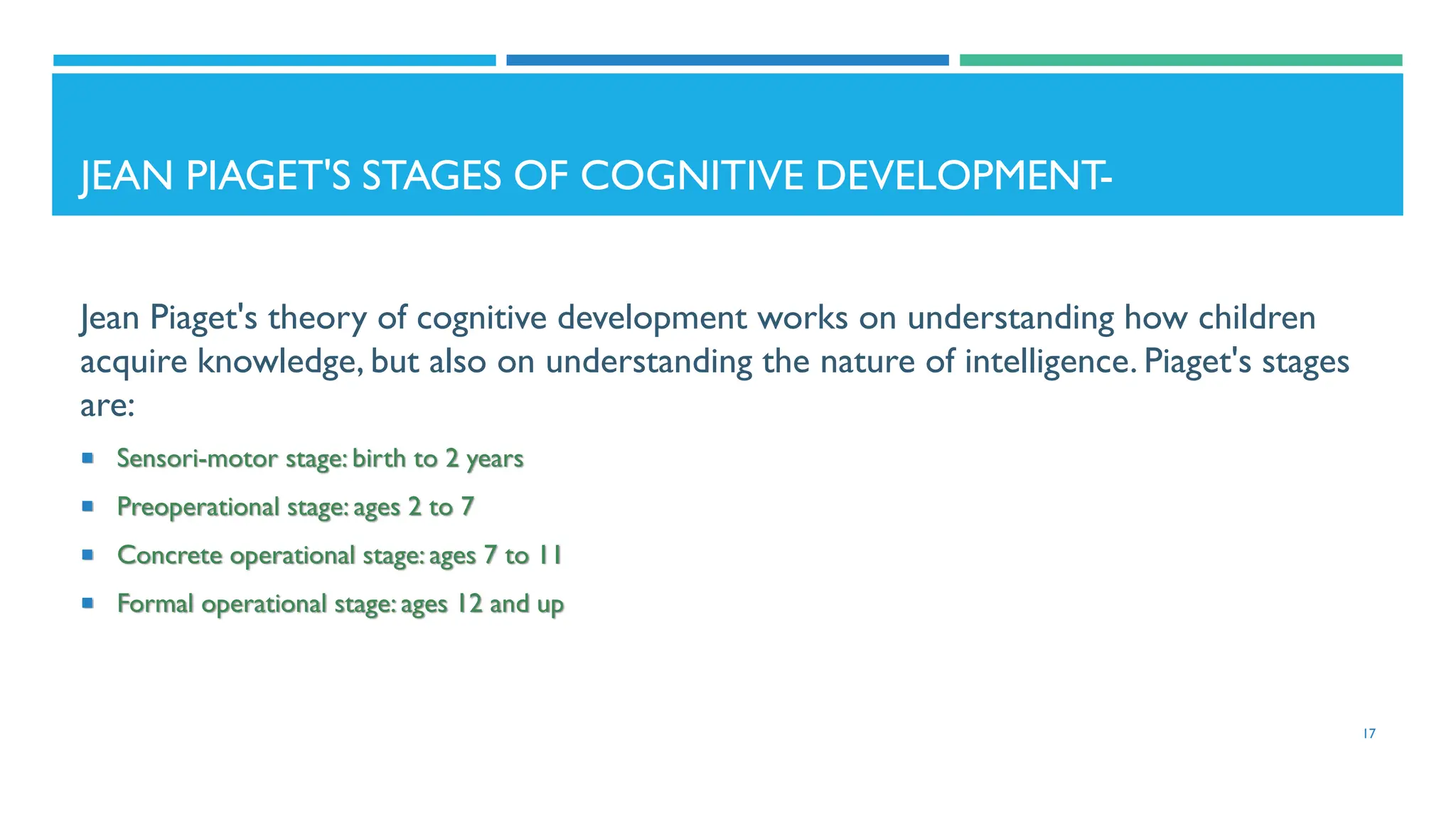 JEAN PIAGET'S STAGES OF COGNITIVE DEVELOPMENT-
Jean Piaget's theory of cognitive development works on understanding how children
acquire knowledge, but also on understanding the nature of intelligence. Piaget's stages
are:
 Sensori-motor stage: birth to 2 years
 Preoperational stage: ages 2 to 7
 Concrete operational stage: ages 7 to 11
 Formal operational stage: ages 12 and up
17
 