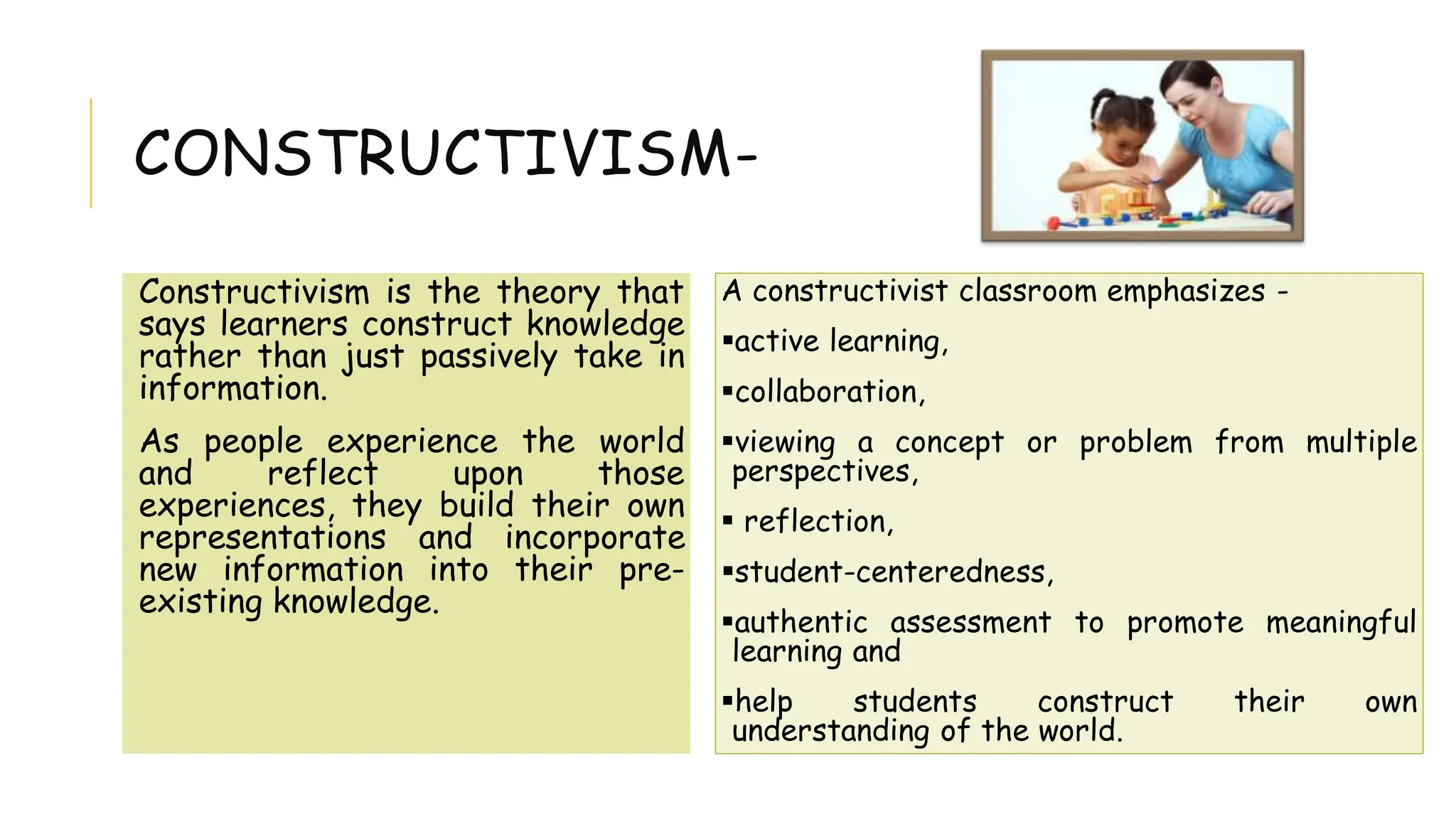 CONSTRUCTIVISM-
Constructivism is the theory that
says learners construct knowledge
rather than just passively take in
information.
As people experience the world
and reflect upon those
experiences, they build their own
representations and incorporate
new information into their pre-
existing knowledge.
A constructivist classroom emphasizes -
active learning,
collaboration,
viewing a concept or problem from multiple
perspectives,
 reflection,
student-centeredness,
authentic assessment to promote meaningful
learning and
help students construct their own
understanding of the world.
 