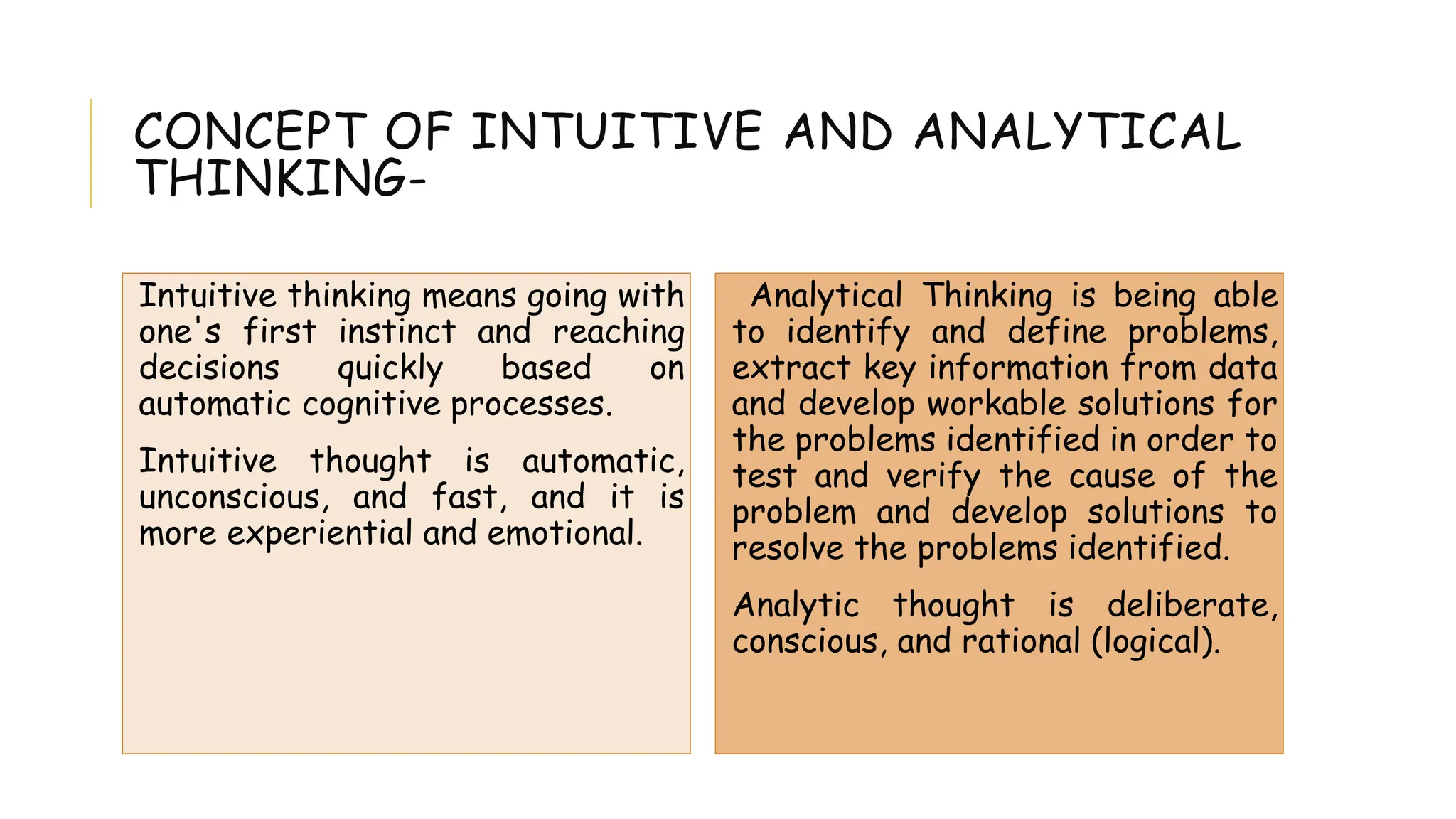 CONCEPT OF INTUITIVE AND ANALYTICAL
THINKING-
Intuitive thinking means going with
one's first instinct and reaching
decisions quickly based on
automatic cognitive processes.
Intuitive thought is automatic,
unconscious, and fast, and it is
more experiential and emotional.
Analytical Thinking is being able
to identify and define problems,
extract key information from data
and develop workable solutions for
the problems identified in order to
test and verify the cause of the
problem and develop solutions to
resolve the problems identified.
Analytic thought is deliberate,
conscious, and rational (logical).
 
