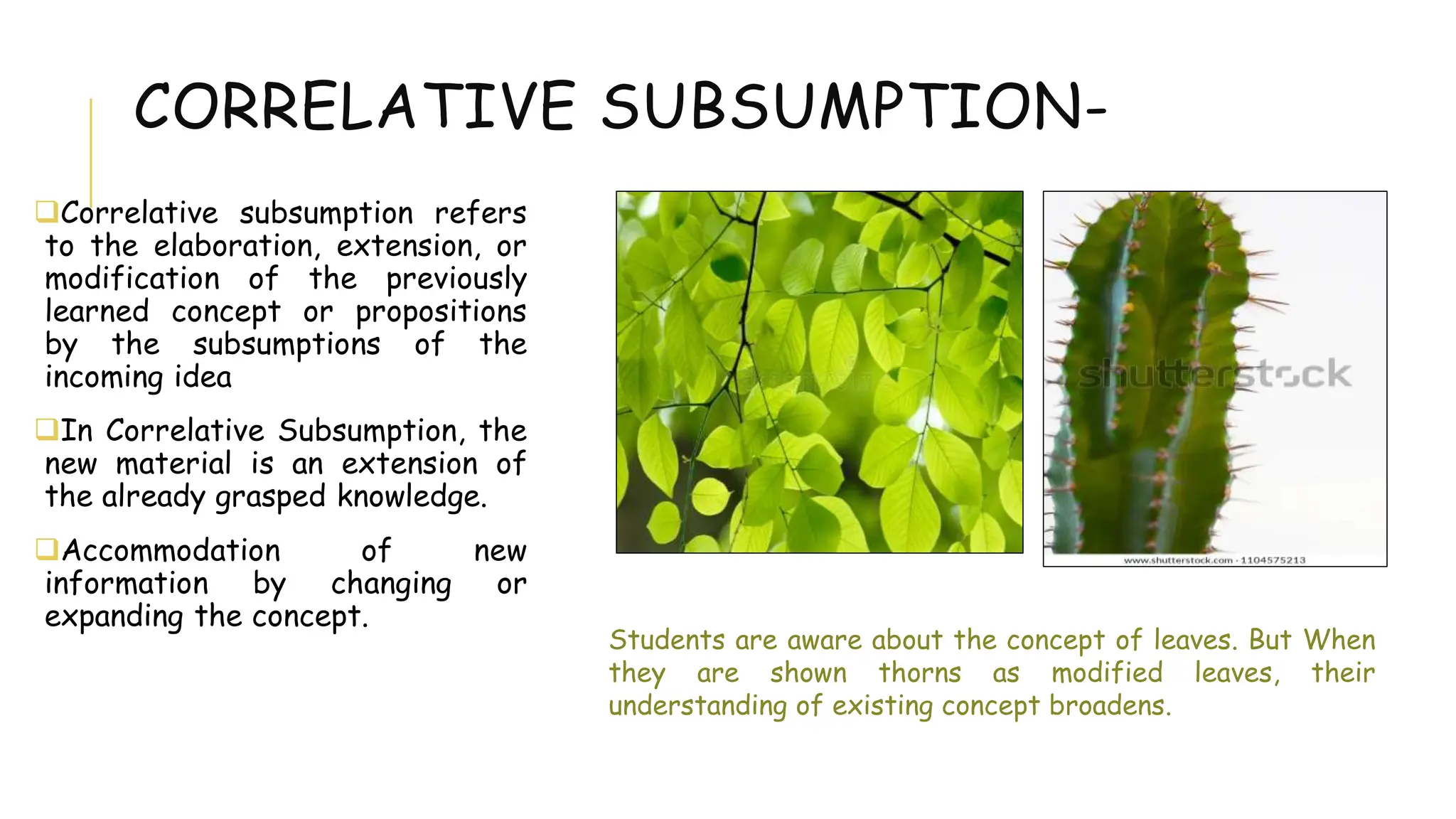 CORRELATIVE SUBSUMPTION-
Correlative subsumption refers
to the elaboration, extension, or
modification of the previously
learned concept or propositions
by the subsumptions of the
incoming idea
In Correlative Subsumption, the
new material is an extension of
the already grasped knowledge.
Accommodation of new
information by changing or
expanding the concept.
Students are aware about the concept of leaves. But When
they are shown thorns as modified leaves, their
understanding of existing concept broadens.
 