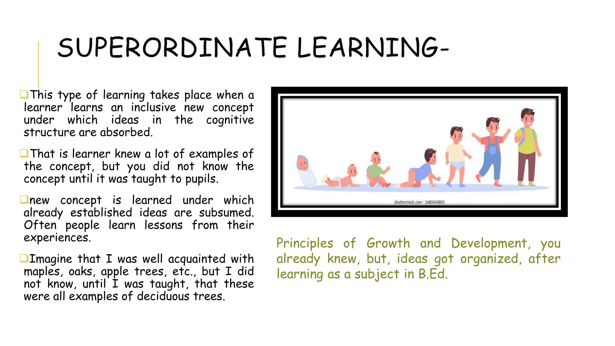 SUPERORDINATE LEARNING-
This type of learning takes place when a
learner learns an inclusive new concept
under which ideas in the cognitive
structure are absorbed.
That is learner knew a lot of examples of
the concept, but you did not know the
concept until it was taught to pupils.
new concept is learned under which
already established ideas are subsumed.
Often people learn lessons from their
experiences.
Imagine that I was well acquainted with
maples, oaks, apple trees, etc., but I did
not know, until I was taught, that these
were all examples of deciduous trees.
Principles of Growth and Development, you
already knew, but, ideas got organized, after
learning as a subject in B.Ed.
 