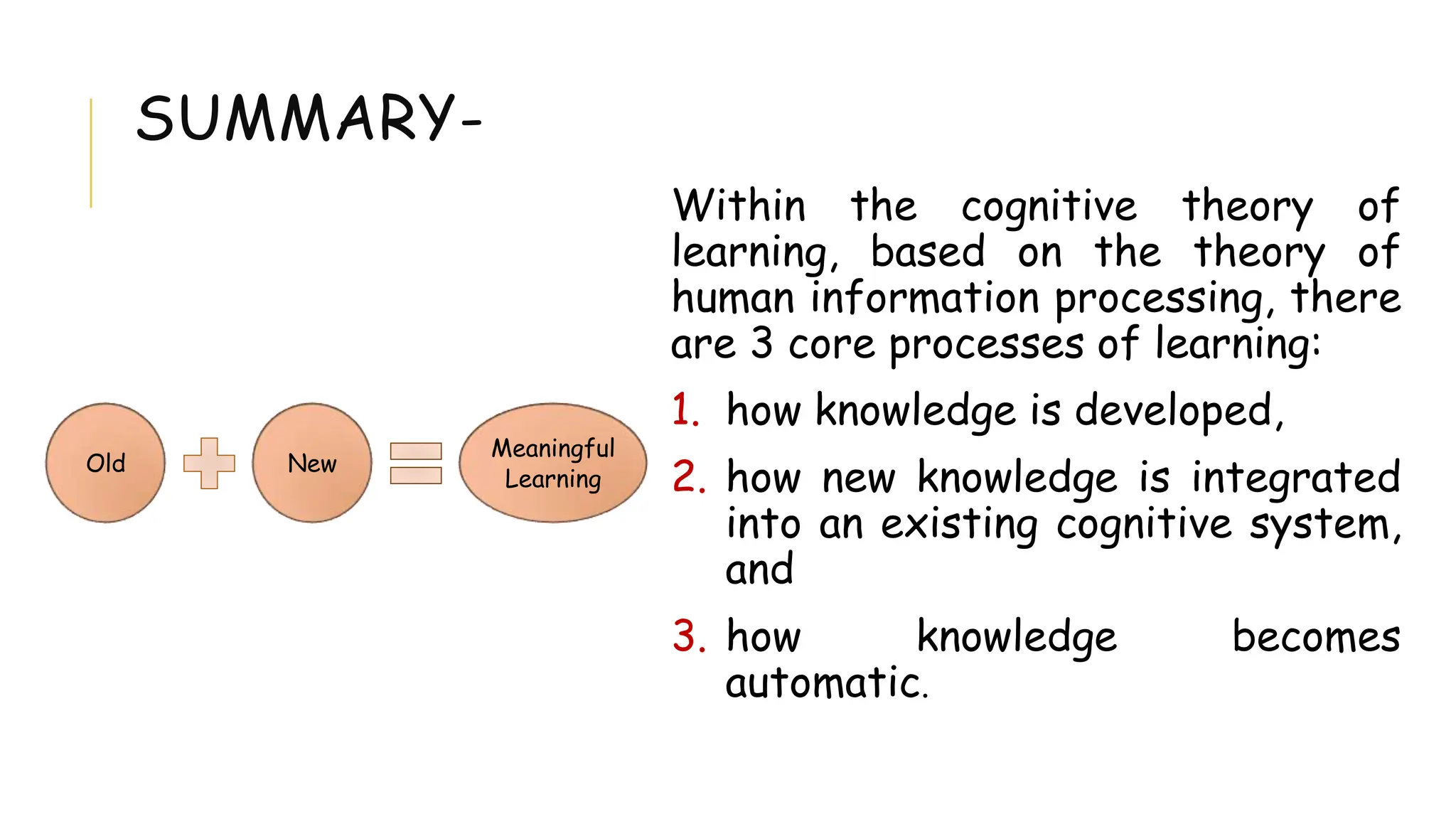 SUMMARY-
Old New
Meaningful
Learning
Within the cognitive theory of
learning, based on the theory of
human information processing, there
are 3 core processes of learning:
1. how knowledge is developed,
2. how new knowledge is integrated
into an existing cognitive system,
and
3. how knowledge becomes
automatic.
 