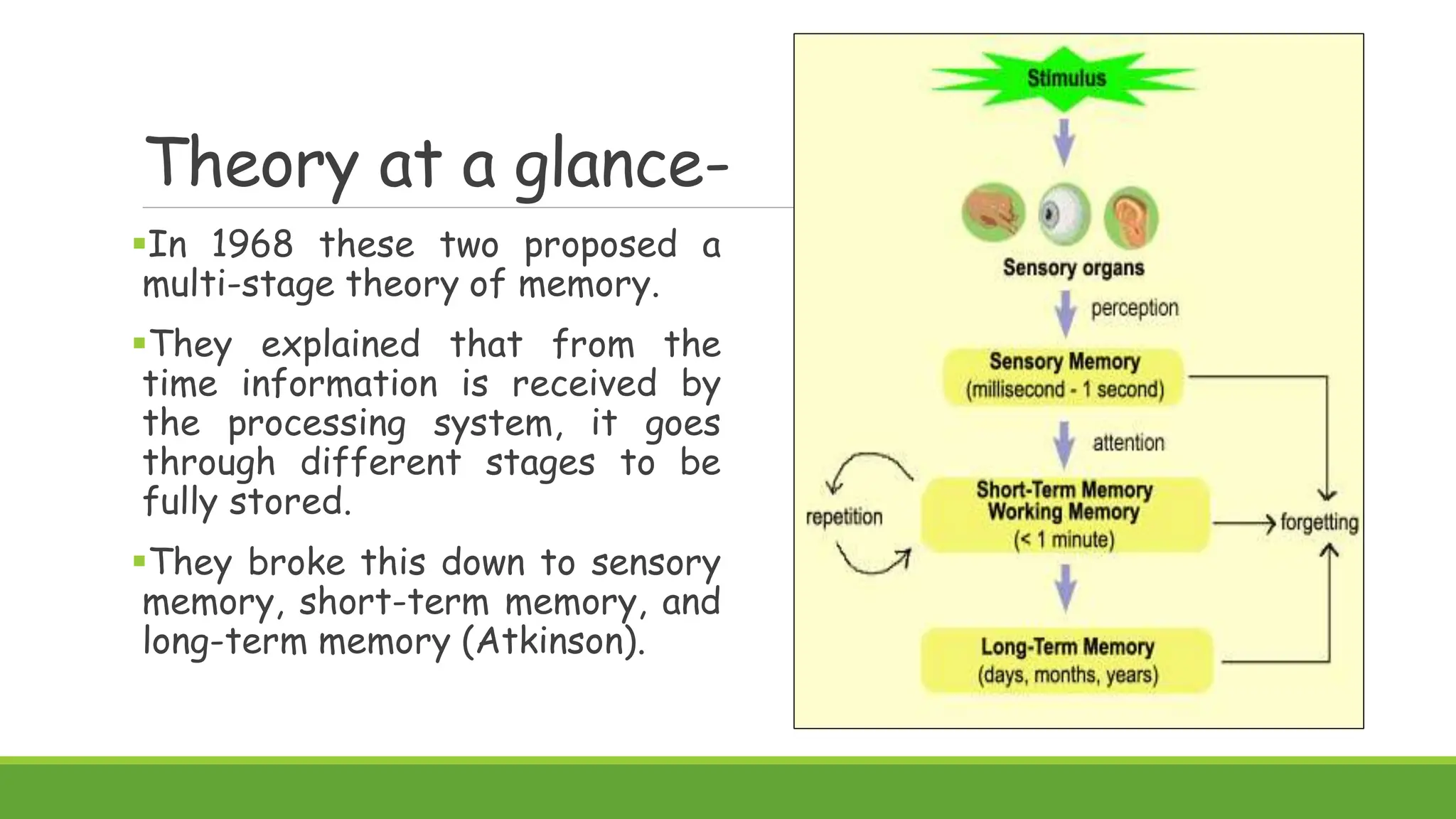 Theory at a glance-
In 1968 these two proposed a
multi-stage theory of memory.
They explained that from the
time information is received by
the processing system, it goes
through different stages to be
fully stored.
They broke this down to sensory
memory, short-term memory, and
long-term memory (Atkinson).
 