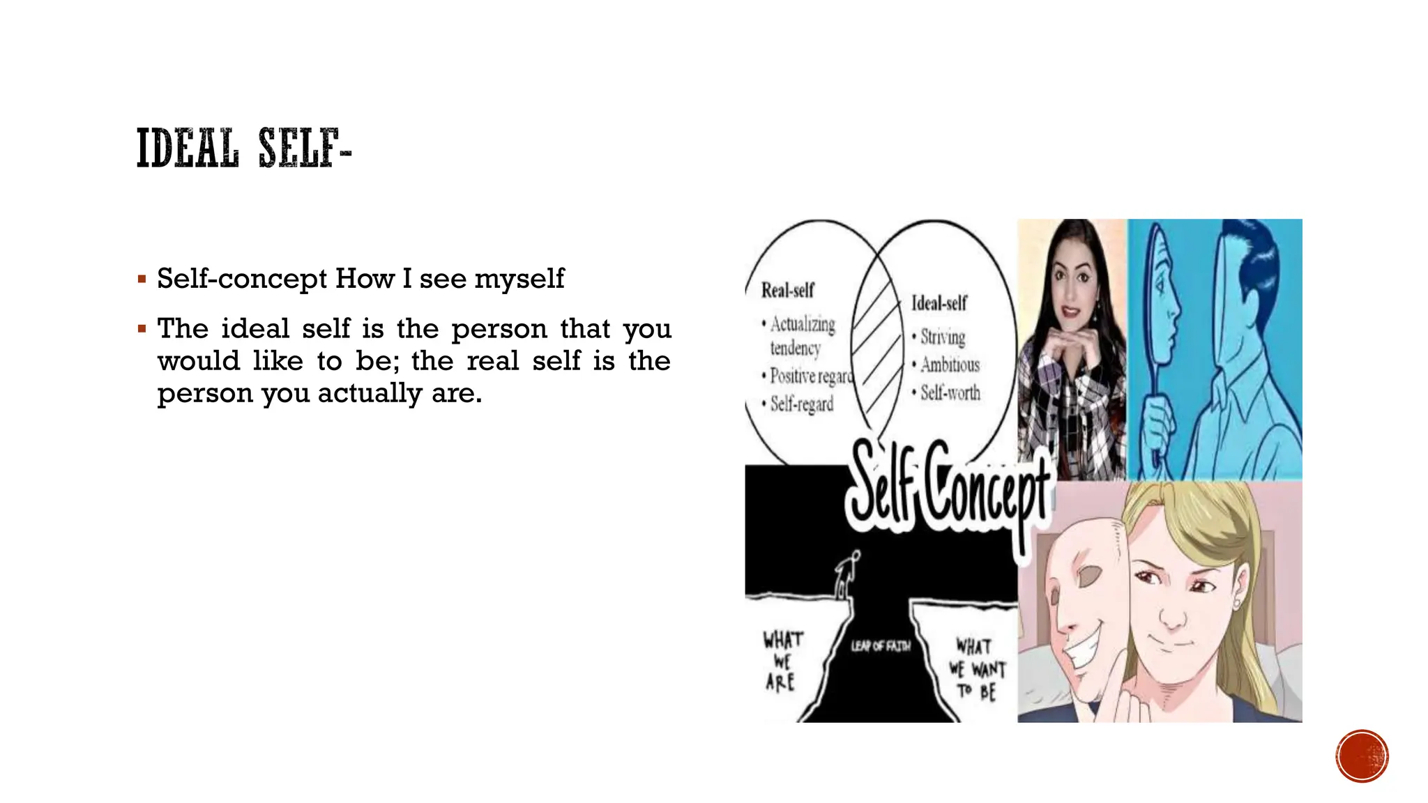  Self-concept How I see myself
 The ideal self is the person that you
would like to be; the real self is the
person you actually are.
 
