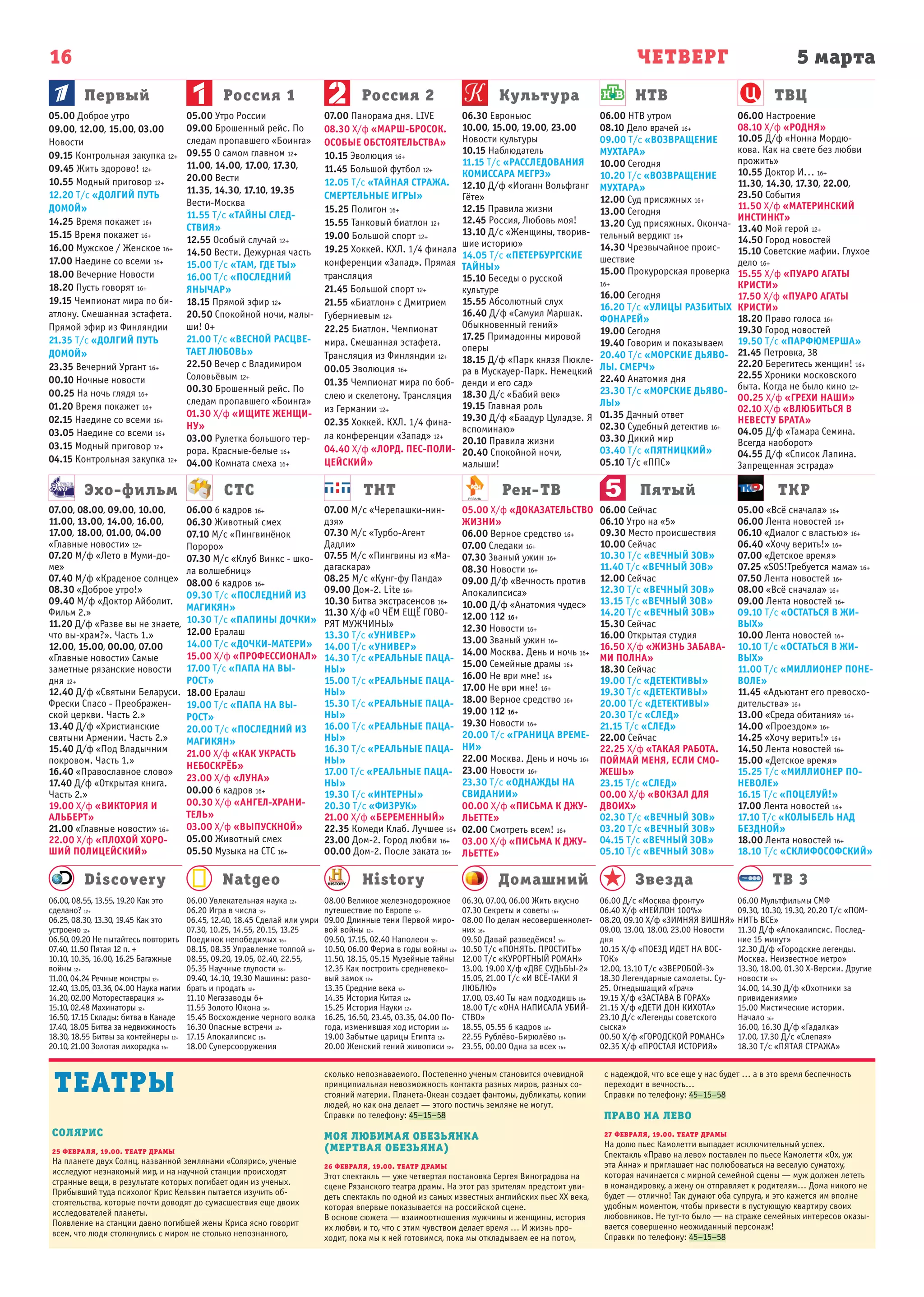 5 мартаЧЕТВЕРГ
Первый
Эхо-фильм СТС ТНТ Рен-ТВ Пятый ТКР
Россия 1 Россия 2 Культура НТВ ТВЦ
16
Natgeo History Домашний Звезда ТВ 3Discovery
05.00 Доброе утро
09.00, 12.00, 15.00, 03.00
Новости
09.15 Контрольная закупка 12+
09.45 Жить здорово! 12+
10.55 Модный приговор 12+
12.20 Т/с «ДОЛГИЙ ПУТЬ
ДОМОЙ»
14.25 Время покажет 16+
15.15 Время покажет 16+
16.00 Мужское / Женское 16+
17.00 Наедине со всеми 16+
18.00 Вечерние Новости
18.20 Пусть говорят 16+
19.15 Чемпионат мира по би-
атлону. Смешанная эстафета.
Прямой эфир из Финляндии
21.35 Т/с «ДОЛГИЙ ПУТЬ
ДОМОЙ»
23.35 Вечерний Ургант 16+
00.10 Ночные новости
00.25 На ночь глядя 16+
01.20 Время покажет 16+
02.15 Наедине со всеми 16+
03.05 Наедине со всеми 16+
03.15 Модный приговор 12+
04.15 Контрольная закупка 12+
05.00 Утро России
09.00 Брошенный рейс. По
следам пропавшего «Боинга»
09.55 О самом главном 12+
11.00, 14.00, 17.00, 17.30,
20.00 Вести
11.35, 14.30, 17.10, 19.35
Вести-Москва
11.55 Т/с «ТАЙНЫ СЛЕД-
СТВИЯ»
12.55 Особый случай 12+
14.50 Вести. Дежурная часть
15.00 Т/с «ТАМ, ГДЕ ТЫ»
16.00 Т/с «ПОСЛЕДНИЙ
ЯНЫЧАР»
18.15 Прямой эфир 12+
20.50 Спокойной ночи, малы-
ши! 0+
21.00 Т/с «ВЕСНОЙ РАСЦВЕ-
ТАЕТ ЛЮБОВЬ»
22.50 Вечер с Владимиром
Соловьёвым 12+
00.30 Брошенный рейс. По
следам пропавшего «Боинга»
01.30 Х/ф «ИЩИТЕ ЖЕНЩИ-
НУ»
03.00 Рулетка большого тер-
рора. Красные-белые 16+
04.00 Комната смеха 16+
07.00 Панорама дня. LIVE
08.30 Х/ф «МАРШ-БРОСОК.
ОСОБЫЕ ОБСТОЯТЕЛЬСТВА»
10.15 Эволюция 16+
11.45 Большой футбол 12+
12.05 Т/с «ТАЙНАЯ СТРАЖА.
СМЕРТЕЛЬНЫЕ ИГРЫ»
15.25 Полигон 16+
15.55 Танковый биатлон 12+
19.00 Большой спорт 12+
19.25 Хоккей. КХЛ. 1/4 финала
конференции «Запад». Прямая
трансляция
21.45 Большой спорт 12+
21.55 «Биатлон» с Дмитрием
Губерниевым 12+
22.25 Биатлон. Чемпионат
мира. Смешанная эстафета.
Трансляция из Финляндии 12+
00.05 Эволюция 16+
01.35 Чемпионат мира по боб-
слею и скелетону. Трансляция
из Германии 12+
02.35 Хоккей. КХЛ. 1/4 фина-
ла конференции «Запад» 12+
04.40 Х/ф «ЛОРД. ПЕС-ПОЛИ-
ЦЕЙСКИЙ»
06.30 Евроньюс
10.00, 15.00, 19.00, 23.00
Новости культуры
10.15 Наблюдатель
11.15 Т/с «РАССЛЕДОВАНИЯ
КОМИССАРА МЕГРЭ»
12.10 Д/ф «Иоганн Вольфганг
Гёте»
12.15 Правила жизни
12.45 Россия, Любовь моя!
13.10 Д/с «Женщины, творив-
шие историю»
14.05 Т/с «ПЕТЕРБУРГСКИЕ
ТАЙНЫ»
15.10 Беседы о русской
культуре
15.55 Абсолютный слух
16.40 Д/ф «Самуил Маршак.
Обыкновенный гений»
17.25 Примадонны мировой
оперы
18.15 Д/ф «Парк князя Пюкле-
ра в Мускауер-Парк. Немецкий
денди и его сад»
18.30 Д/с «Бабий век»
19.15 Главная роль
19.30 Д/ф «Баадур Цуладзе. Я
вспоминаю»
20.10 Правила жизни
20.40 Спокойной ночи,
малыши!
06.00 НТВ утром
08.10 Дело врачей 16+
09.00 Т/с «ВОЗВРАЩЕНИЕ
МУХТАРА»
10.00 Сегодня
10.20 Т/с «ВОЗВРАЩЕНИЕ
МУХТАРА»
12.00 Суд присяжных 16+
13.00 Сегодня
13.20 Суд присяжных. Оконча-
тельный вердикт 16+
14.30 Чрезвычайное проис-
шествие
15.00 Прокурорская проверка
16+
16.00 Сегодня
16.20 Т/с «УЛИЦЫ РАЗБИТЫХ
ФОНАРЕЙ»
19.00 Сегодня
19.40 Говорим и показываем
20.40 Т/с «МОРСКИЕ ДЬЯВО-
ЛЫ. СМЕРЧ»
22.40 Анатомия дня
23.30 Т/с «МОРСКИЕ ДЬЯВО-
ЛЫ»
01.35 Дачный ответ
02.30 Судебный детектив 16+
03.30 Дикий мир
03.40 Т/с «ПЯТНИЦКИЙ»
05.10 Т/с «ППС»
06.00 Настроение
08.10 Х/ф «РОДНЯ»
10.05 Д/ф «Нонна Мордю-
кова. Как на свете без любви
прожить»
10.55 Доктор И... 16+
11.30, 14.30, 17.30, 22.00,
23.50 События
11.50 Х/ф «МАТЕРИНСКИЙ
ИНСТИНКТ»
13.40 Мой герой 12+
14.50 Город новостей
15.10 Советские мафии. Глухое
дело 16+
15.55 Х/ф «ПУАРО АГАТЫ
КРИСТИ»
17.50 Х/ф «ПУАРО АГАТЫ
КРИСТИ»
18.20 Право голоса 16+
19.30 Город новостей
19.50 Т/с «ПАРФЮМЕРША»
21.45 Петровка, 38
22.20 Берегитесь женщин! 16+
22.55 Хроники московского
быта. Когда не было кино 12+
00.25 Х/ф «ГРЕХИ НАШИ»
02.10 Х/ф «ВЛЮБИТЬСЯ В
НЕВЕСТУ БРАТА»
04.05 Д/ф «Тамара Семина.
Всегда наоборот»
04.55 Д/ф «Список Лапина.
Запрещенная эстрада»
07.00, 08.00, 09.00, 10.00,
11.00, 13.00, 14.00, 16.00,
17.00, 18.00, 01.00, 04.00
«Главные новости» 12+
07.20 М/ф «Лето в Муми-до-
ме»
07.40 М/ф «Краденое солнце»
08.30 «Доброе утро!»
09.40 М/ф «Доктор Айболит.
Фильм 2.»
11.20 Д/ф «Разве вы не знаете,
что вы-храм?». Часть 1.»
12.00, 15.00, 00.00, 07.00
«Главные новости» Самые
заметные рязанские новости
дня 12+
12.40 Д/ф «Святыни Беларуси.
Фрески Спасо - Преображен-
ской церкви. Часть 2.»
13.40 Д/ф «Христианские
святыни Армении. Часть 2.»
15.40 Д/ф «Под Владычним
покровом. Часть 1.»
16.40 «Православное слово»
17.40 Д/ф «Открытая книга.
Часть 2.»
19.00 Х/ф «ВИКТОРИЯ И
АЛЬБЕРТ»
21.00 «Главные новости» 16+
22.00 Х/ф «ПЛОХОЙ ХОРО-
ШИЙ ПОЛИЦЕЙСКИЙ»
06.00 6 кадров 16+
06.30 Животный смех
07.10 М/с «Пингвинёнок
Пороро»
07.30 М/с «Клуб Винкс - шко-
ла волшебниц»
08.00 6 кадров 16+
09.30 Т/с «ПОСЛЕДНИЙ ИЗ
МАГИКЯН»
10.30 Т/с «ПАПИНЫ ДОЧКИ»
12.00 Ералаш
14.00 Т/с «ДОЧКИ-МАТЕРИ»
15.00 Х/ф «ПРОФЕССИОНАЛ»
17.00 Т/с «ПАПА НА ВЫ-
РОСТ»
18.00 Ералаш
19.00 Т/с «ПАПА НА ВЫ-
РОСТ»
20.00 Т/с «ПОСЛЕДНИЙ ИЗ
МАГИКЯН»
21.00 Х/ф «КАК УКРАСТЬ
НЕБОСКРЁБ»
23.00 Х/ф «ЛУНА»
00.00 6 кадров 16+
00.30 Х/ф «АНГЕЛ-ХРАНИ-
ТЕЛЬ»
03.00 Х/ф «ВЫПУСКНОЙ»
05.00 Животный смех
05.50 Музыка на СТС 16+
07.00 М/с «Черепашки-нин-
дзя»
07.30 М/с «Турбо-Агент
Дадли»
07.55 М/с «Пингвины из «Ма-
дагаскара»
08.25 М/с «Кунг-фу Панда»
09.00 Дом-2. Lite 16+
10.30 Битва экстрасенсов 16+
11.30 Х/ф «О ЧЁМ ЕЩЁ ГОВО-
РЯТ МУЖЧИНЫ»
13.30 Т/с «УНИВЕР»
14.00 Т/с «УНИВЕР»
14.30 Т/с «РЕАЛЬНЫЕ ПАЦА-
НЫ»
15.00 Т/с «РЕАЛЬНЫЕ ПАЦА-
НЫ»
15.30 Т/с «РЕАЛЬНЫЕ ПАЦА-
НЫ»
16.00 Т/с «РЕАЛЬНЫЕ ПАЦА-
НЫ»
16.30 Т/с «РЕАЛЬНЫЕ ПАЦА-
НЫ»
17.00 Т/с «РЕАЛЬНЫЕ ПАЦА-
НЫ»
19.30 Т/с «ИНТЕРНЫ»
20.30 Т/с «ФИЗРУК»
21.00 Х/ф «БЕРЕМЕННЫЙ»
22.35 Комеди Клаб. Лучшее 16+
23.00 Дом-2. Город любви 16+
00.00 Дом-2. После заката 16+
05.00 Х/ф «ДОКАЗАТЕЛЬСТВО
ЖИЗНИ»
06.00 Верное средство 16+
07.00 Следаки 16+
07.30 Званый ужин 16+
08.30 Новости 16+
09.00 Д/ф «Вечность против
Апокалипсиса»
10.00 Д/ф «Анатомия чудес»
12.00 112 16+
12.30 Новости 16+
13.00 Званый ужин 16+
14.00 Москва. День и ночь 16+
15.00 Семейные драмы 16+
16.00 Не ври мне! 16+
17.00 Не ври мне! 16+
18.00 Верное средство 16+
19.00 112 16+
19.30 Новости 16+
20.00 Т/с «ГРАНИЦА ВРЕМЕ-
НИ»
22.00 Москва. День и ночь 16+
23.00 Новости 16+
23.30 Т/с «ОДНАЖДЫ НА
СВИДАНИИ»
00.00 Х/ф «ПИСЬМА К ДЖУ-
ЛЬЕТТЕ»
02.00 Смотреть всем! 16+
03.00 Х/ф «ПИСЬМА К ДЖУ-
ЛЬЕТТЕ»
06.00 Сейчас
06.10 Утро на «5»
09.30 Место происшествия
10.00 Сейчас
10.30 Т/с «ВЕЧНЫЙ ЗОВ»
11.40 Т/с «ВЕЧНЫЙ ЗОВ»
12.00 Сейчас
12.30 Т/с «ВЕЧНЫЙ ЗОВ»
13.15 Т/с «ВЕЧНЫЙ ЗОВ»
14.20 Т/с «ВЕЧНЫЙ ЗОВ»
15.30 Сейчас
16.00 Открытая студия
16.50 Х/ф «ЖИЗНЬ ЗАБАВА-
МИ ПОЛНА»
18.30 Сейчас
19.00 Т/с «ДЕТЕКТИВЫ»
19.30 Т/с «ДЕТЕКТИВЫ»
20.00 Т/с «ДЕТЕКТИВЫ»
20.30 Т/с «СЛЕД»
21.15 Т/с «СЛЕД»
22.00 Сейчас
22.25 Х/ф «ТАКАЯ РАБОТА.
ПОЙМАЙ МЕНЯ, ЕСЛИ СМО-
ЖЕШЬ»
23.15 Т/с «СЛЕД»
00.00 Х/ф «ВОКЗАЛ ДЛЯ
ДВОИХ»
02.30 Т/с «ВЕЧНЫЙ ЗОВ»
03.20 Т/с «ВЕЧНЫЙ ЗОВ»
04.15 Т/с «ВЕЧНЫЙ ЗОВ»
05.10 Т/с «ВЕЧНЫЙ ЗОВ»
05.00 «Всё сначала» 16+
06.00 Лента новостей 16+
06.10 «Диалог с властью» 16+
06.40 «Хочу верить!» 16+
07.00 «Детское время»
07.25 «SOS!Требуется мама» 16+
07.50 Лента новостей 16+
08.00 «Всё сначала» 16+
09.00 Лента новостей 16+
09.10 Т/с «ОСТАТЬСЯ В ЖИ-
ВЫХ»
10.00 Лента новостей 16+
10.10 Т/с «ОСТАТЬСЯ В ЖИ-
ВЫХ»
11.00 Т/с «МИЛЛИОНЕР ПОНЕ-
ВОЛЕ»
11.45 «Адъютант его превосхо-
дительства» 16+
13.00 «Среда обитания» 16+
14.00 «Проездом» 16+
14.25 «Хочу верить!» 16+
14.50 Лента новостей 16+
15.00 «Детское время»
15.25 Т/с «МИЛЛИОНЕР ПО-
НЕВОЛЕ»
16.15 Т/с «ПОЦЕЛУЙ!»
17.00 Лента новостей 16+
17.10 Т/с «КОЛЫБЕЛЬ НАД
БЕЗДНОЙ»
18.00 Лента новостей 16+
18.10 Т/с «СКЛИФОСОФСКИЙ»
06.00, 08.55, 13.55, 19.20 Как это
сделано? 12+
06.25, 08.30, 13.30, 19.45 Как это
устроено 12+
06.50, 09.20 Не пытайтесь повторить
07.40, 11.50 Пятая 12 п. +
10.10, 10.35, 16.00, 16.25 Багажные
войны 12+
11.00, 04.24 Речные монстры 12+
12.40, 13.05, 03.36, 04.00 Наука магии
14.20, 02.00 Мотореставрация 16+
15.10, 02.48 Махинаторы 12+
16.50, 17.15 Склады: битва в Канаде
17.40, 18.05 Битва за недвижимость
18.30, 18.55 Битвы за контейнеры 12+
20.10, 21.00 Золотая лихорадка 16+
06.00 Увлекательная наука 12+
06.20 Игра в числа 12+
06.45, 12.40, 18.45 Сделай или умри
07.30, 10.25, 14.55, 20.15, 13.25
Поединок непобедимых 16+
08.15, 08.35 Управление толпой 12+
08.55, 09.20, 19.05, 02.40, 22.55,
05.35 Научные глупости 18+
09.40, 14.10, 19.30 Машины: разо-
брать и продать 12+
11.10 Мегазаводы 6+
11.55 Золото Юкона 16+
15.45 Восхождение черного волка
16.30 Опасные встречи 12+
17.15 Апокалипсис 18+
18.00 Суперсооружения
08.00 Великое железнодорожное
путешествие по Европе 12+
09.00 Длинные тени Первой миро-
вой войны 12+
09.50, 17.15, 02.40 Наполеон 12+
10.50, 06.00 Ферма в годы войны 12+
11.50, 18.15, 05.15 Музейные тайны
12.35 Как построить средневеко-
вый замок 12+
13.35 Средние века 12+
14.35 История Китая 12+
15.25 История Науки 12+
16.25, 16.50, 23.45, 03.35, 04.00 По-
года, изменившая ход истории 16+
19.00 Забытые царицы Египта 12+
20.00 Женский гений живописи 12+
06.30, 07.00, 06.00 Жить вкусно
07.30 Секреты и советы 16+
08.00 По делам несовершеннолет-
них 16+
09.50 Давай разведёмся! 16+
10.50 Т/с «ПОНЯТЬ. ПРОСТИТЬ»
12.00 Т/с «КУРОРТНЫЙ РОМАН»
13.00, 19.00 Х/ф «ДВЕ СУДЬБЫ-2»
15.05, 21.00 Т/с «И ВСЁ-ТАКИ Я
ЛЮБЛЮ»
17.00, 03.40 Ты нам подходишь 16+
18.00 Т/с «ОНА НАПИСАЛА УБИЙ-
СТВО»
18.55, 05.55 6 кадров 16+
22.55 Рублёво-Бирюлёво 16+
23.55, 00.00 Одна за всех 16+
06.00 Д/с «Москва фронту»
06.40 Х/ф «НЕЙЛОН 100%»
08.20, 09.10 Х/ф «ЗИМНЯЯ ВИШНЯ»
09.00, 13.00, 18.00, 23.00 Новости
дня
10.15 Х/ф «ПОЕЗД ИДЕТ НА ВОС-
ТОК»
12.00, 13.10 Т/с «ЗВЕРОБОЙ-3»
18.30 Легендарные самолеты. Су-
25. Огнедышащий «Грач»
19.15 Х/ф «ЗАСТАВА В ГОРАХ»
21.15 Х/ф «ДЕТИ ДОН КИХОТА»
23.10 Д/с «Легенды советского
сыска»
00.50 Х/ф «ГОРОДСКОЙ РОМАНС»
02.35 Х/ф «ПРОСТАЯ ИСТОРИЯ»
06.00 Мультфильмы СМФ
09.30, 10.30, 19.30, 20.20 Т/с «ПОМ-
НИТЬ ВСЕ»
11.30 Д/ф «Апокалипсис. Послед-
ние 15 минут»
12.30 Д/ф «Городские легенды.
Москва. Неизвестное метро»
13.30, 18.00, 01.30 Х-Версии. Другие
новости 12+
14.00, 14.30 Д/ф «Охотники за
привидениями»
15.00 Мистические истории.
Начало 16+
16.00, 16.30 Д/ф «Гадалка»
17.00, 17.30 Д/с «Слепая»
18.30 Т/с «ПЯТАЯ СТРАЖА»
СОЛЯРИС
25 ФЕВРАЛЯ, 19.00. ТЕАТР ДРАМЫ
На планете двух Солнц, названной землянами «Солярис», ученые
исследуют незнакомый мир, и на научной станции происходят
странные вещи, в результате которых погибает один из ученых.
Прибывший туда психолог Крис Кельвин пытается изучить об-
стоятельства, которые почти доводят до сумасшествия еще двоих
исследователей планеты.
Появление на станции давно погибшей жены Криса ясно говорит
всем, что люди столкнулись с миром не столько непознанного,
ТЕАТРЫ
сколько непознаваемого. Постепенно ученым становится очевидной
принципиальная невозможность контакта разных миров, разных со-
стояний материи. Планета-Океан создает фантомы, дубликаты, копии
людей, но как она делает — этого постичь земляне не могут.
Справки по телефону: 45–15–58
МОЯ ЛЮБИМАЯ ОБЕЗЬЯНКА  
(МЕРТВАЯ ОБЕЗЬЯНА)
26 ФЕВРАЛЯ, 19.00. ТЕАТР ДРАМЫ
Этот спектакль — уже четвертая постановка Сергея Виноградова на
сцене Рязанского театра драмы. На этот раз зрителям предстоит уви-
деть спектакль по одной из самых известных английских пьес XX века,
которая впервые показывается на российской сцене.
В основе сюжета — взаимоотношения мужчины и женщины, история
их любви, и то, что с этим чувством делает время … И жизнь про-
ходит, пока мы к ней готовимся, пока мы откладываем ее на потом,
с надеждой, что все еще у нас будет … а в это время беспечность
переходит в вечность…
Справки по телефону: 45–15–58
ПРАВО НА ЛЕВО
27 ФЕВРАЛЯ, 19.00. ТЕАТР ДРАМЫ
На долю пьес Камолетти выпадает исключительный успех.
Спектакль «Право на лево» поставлен по пьесе Камолетти «Ох, уж
эта Анна» и приглашает нас полюбоваться на веселую суматоху,
которая начинается с мирной семейной сцены — муж должен лететь
в командировку, а жену он отправляет к родителям… Дома никого не
будет — отлично! Так думают оба супруга, и это кажется им вполне
удобным моментом, чтобы привести в пустующую квартиру своих
любовников. Не тут-то было — на страже семейных интересов оказы-
вается совершенно неожиданный персонаж!
Справки по телефону: 45–15–58
 