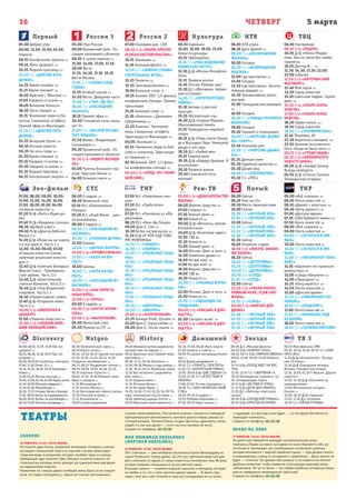 5 мартаЧЕТВЕРГ
Первый
Эхо-фильм СТС ТНТ Рен-ТВ Пятый ТКР
Россия 1 Россия 2 Культура НТВ ТВЦ
16
Natgeo History Домашний Звезда ТВ 3Discovery
05.00 Доброе утро
09.00, 12.00, 15.00, 03.00
Новости
09.15 Контрольная закупка 12+
09.45 Жить здорово! 12+
10.55 Модный приговор 12+
12.20 Т/с «ДОЛГИЙ ПУТЬ
ДОМОЙ»
14.25 Время покажет 16+
15.15 Время покажет 16+
16.00 Мужское / Женское 16+
17.00 Наедине со всеми 16+
18.00 Вечерние Новости
18.20 Пусть говорят 16+
19.15 Чемпионат мира по би-
атлону. Смешанная эстафета.
Прямой эфир из Финляндии
21.35 Т/с «ДОЛГИЙ ПУТЬ
ДОМОЙ»
23.35 Вечерний Ургант 16+
00.10 Ночные новости
00.25 На ночь глядя 16+
01.20 Время покажет 16+
02.15 Наедине со всеми 16+
03.05 Наедине со всеми 16+
03.15 Модный приговор 12+
04.15 Контрольная закупка 12+
05.00 Утро России
09.00 Брошенный рейс. По
следам пропавшего «Боинга»
09.55 О самом главном 12+
11.00, 14.00, 17.00, 17.30,
20.00 Вести
11.35, 14.30, 17.10, 19.35
Вести-Москва
11.55 Т/с «ТАЙНЫ СЛЕД-
СТВИЯ»
12.55 Особый случай 12+
14.50 Вести. Дежурная часть
15.00 Т/с «ТАМ, ГДЕ ТЫ»
16.00 Т/с «ПОСЛЕДНИЙ
ЯНЫЧАР»
18.15 Прямой эфир 12+
20.50 Спокойной ночи, малы-
ши! 0+
21.00 Т/с «ВЕСНОЙ РАСЦВЕ-
ТАЕТ ЛЮБОВЬ»
22.50 Вечер с Владимиром
Соловьёвым 12+
00.30 Брошенный рейс. По
следам пропавшего «Боинга»
01.30 Х/ф «ИЩИТЕ ЖЕНЩИ-
НУ»
03.00 Рулетка большого тер-
рора. Красные-белые 16+
04.00 Комната смеха 16+
07.00 Панорама дня. LIVE
08.30 Х/ф «МАРШ-БРОСОК.
ОСОБЫЕ ОБСТОЯТЕЛЬСТВА»
10.15 Эволюция 16+
11.45 Большой футбол 12+
12.05 Т/с «ТАЙНАЯ СТРАЖА.
СМЕРТЕЛЬНЫЕ ИГРЫ»
15.25 Полигон 16+
15.55 Танковый биатлон 12+
19.00 Большой спорт 12+
19.25 Хоккей. КХЛ. 1/4 финала
конференции «Запад». Прямая
трансляция
21.45 Большой спорт 12+
21.55 «Биатлон» с Дмитрием
Губерниевым 12+
22.25 Биатлон. Чемпионат
мира. Смешанная эстафета.
Трансляция из Финляндии 12+
00.05 Эволюция 16+
01.35 Чемпионат мира по боб-
слею и скелетону. Трансляция
из Германии 12+
02.35 Хоккей. КХЛ. 1/4 фина-
ла конференции «Запад» 12+
04.40 Х/ф «ЛОРД. ПЕС-ПОЛИ-
ЦЕЙСКИЙ»
06.30 Евроньюс
10.00, 15.00, 19.00, 23.00
Новости культуры
10.15 Наблюдатель
11.15 Т/с «РАССЛЕДОВАНИЯ
КОМИССАРА МЕГРЭ»
12.10 Д/ф «Иоганн Вольфганг
Гёте»
12.15 Правила жизни
12.45 Россия, Любовь моя!
13.10 Д/с «Женщины, творив-
шие историю»
14.05 Т/с «ПЕТЕРБУРГСКИЕ
ТАЙНЫ»
15.10 Беседы о русской
культуре
15.55 Абсолютный слух
16.40 Д/ф «Самуил Маршак.
Обыкновенный гений»
17.25 Примадонны мировой
оперы
18.15 Д/ф «Парк князя Пюкле-
ра в Мускауер-Парк. Немецкий
денди и его сад»
18.30 Д/с «Бабий век»
19.15 Главная роль
19.30 Д/ф «Баадур Цуладзе. Я
вспоминаю»
20.10 Правила жизни
20.40 Спокойной ночи,
малыши!
06.00 НТВ утром
08.10 Дело врачей 16+
09.00 Т/с «ВОЗВРАЩЕНИЕ
МУХТАРА»
10.00 Сегодня
10.20 Т/с «ВОЗВРАЩЕНИЕ
МУХТАРА»
12.00 Суд присяжных 16+
13.00 Сегодня
13.20 Суд присяжных. Оконча-
тельный вердикт 16+
14.30 Чрезвычайное проис-
шествие
15.00 Прокурорская проверка
16+
16.00 Сегодня
16.20 Т/с «УЛИЦЫ РАЗБИТЫХ
ФОНАРЕЙ»
19.00 Сегодня
19.40 Говорим и показываем
20.40 Т/с «МОРСКИЕ ДЬЯВО-
ЛЫ. СМЕРЧ»
22.40 Анатомия дня
23.30 Т/с «МОРСКИЕ ДЬЯВО-
ЛЫ»
01.35 Дачный ответ
02.30 Судебный детектив 16+
03.30 Дикий мир
03.40 Т/с «ПЯТНИЦКИЙ»
05.10 Т/с «ППС»
06.00 Настроение
08.10 Х/ф «РОДНЯ»
10.05 Д/ф «Нонна Мордю-
кова. Как на свете без любви
прожить»
10.55 Доктор И... 16+
11.30, 14.30, 17.30, 22.00,
23.50 События
11.50 Х/ф «МАТЕРИНСКИЙ
ИНСТИНКТ»
13.40 Мой герой 12+
14.50 Город новостей
15.10 Советские мафии. Глухое
дело 16+
15.55 Х/ф «ПУАРО АГАТЫ
КРИСТИ»
17.50 Х/ф «ПУАРО АГАТЫ
КРИСТИ»
18.20 Право голоса 16+
19.30 Город новостей
19.50 Т/с «ПАРФЮМЕРША»
21.45 Петровка, 38
22.20 Берегитесь женщин! 16+
22.55 Хроники московского
быта. Когда не было кино 12+
00.25 Х/ф «ГРЕХИ НАШИ»
02.10 Х/ф «ВЛЮБИТЬСЯ В
НЕВЕСТУ БРАТА»
04.05 Д/ф «Тамара Семина.
Всегда наоборот»
04.55 Д/ф «Список Лапина.
Запрещенная эстрада»
07.00, 08.00, 09.00, 10.00,
11.00, 13.00, 14.00, 16.00,
17.00, 18.00, 01.00, 04.00
«Главные новости» 12+
07.20 М/ф «Лето в Муми-до-
ме»
07.40 М/ф «Краденое солнце»
08.30 «Доброе утро!»
09.40 М/ф «Доктор Айболит.
Фильм 2.»
11.20 Д/ф «Разве вы не знаете,
что вы-храм?». Часть 1.»
12.00, 15.00, 00.00, 07.00
«Главные новости» Самые
заметные рязанские новости
дня 12+
12.40 Д/ф «Святыни Беларуси.
Фрески Спасо - Преображен-
ской церкви. Часть 2.»
13.40 Д/ф «Христианские
святыни Армении. Часть 2.»
15.40 Д/ф «Под Владычним
покровом. Часть 1.»
16.40 «Православное слово»
17.40 Д/ф «Открытая книга.
Часть 2.»
19.00 Х/ф «ВИКТОРИЯ И
АЛЬБЕРТ»
21.00 «Главные новости» 16+
22.00 Х/ф «ПЛОХОЙ ХОРО-
ШИЙ ПОЛИЦЕЙСКИЙ»
06.00 6 кадров 16+
06.30 Животный смех
07.10 М/с «Пингвинёнок
Пороро»
07.30 М/с «Клуб Винкс - шко-
ла волшебниц»
08.00 6 кадров 16+
09.30 Т/с «ПОСЛЕДНИЙ ИЗ
МАГИКЯН»
10.30 Т/с «ПАПИНЫ ДОЧКИ»
12.00 Ералаш
14.00 Т/с «ДОЧКИ-МАТЕРИ»
15.00 Х/ф «ПРОФЕССИОНАЛ»
17.00 Т/с «ПАПА НА ВЫ-
РОСТ»
18.00 Ералаш
19.00 Т/с «ПАПА НА ВЫ-
РОСТ»
20.00 Т/с «ПОСЛЕДНИЙ ИЗ
МАГИКЯН»
21.00 Х/ф «КАК УКРАСТЬ
НЕБОСКРЁБ»
23.00 Х/ф «ЛУНА»
00.00 6 кадров 16+
00.30 Х/ф «АНГЕЛ-ХРАНИ-
ТЕЛЬ»
03.00 Х/ф «ВЫПУСКНОЙ»
05.00 Животный смех
05.50 Музыка на СТС 16+
07.00 М/с «Черепашки-нин-
дзя»
07.30 М/с «Турбо-Агент
Дадли»
07.55 М/с «Пингвины из «Ма-
дагаскара»
08.25 М/с «Кунг-фу Панда»
09.00 Дом-2. Lite 16+
10.30 Битва экстрасенсов 16+
11.30 Х/ф «О ЧЁМ ЕЩЁ ГОВО-
РЯТ МУЖЧИНЫ»
13.30 Т/с «УНИВЕР»
14.00 Т/с «УНИВЕР»
14.30 Т/с «РЕАЛЬНЫЕ ПАЦА-
НЫ»
15.00 Т/с «РЕАЛЬНЫЕ ПАЦА-
НЫ»
15.30 Т/с «РЕАЛЬНЫЕ ПАЦА-
НЫ»
16.00 Т/с «РЕАЛЬНЫЕ ПАЦА-
НЫ»
16.30 Т/с «РЕАЛЬНЫЕ ПАЦА-
НЫ»
17.00 Т/с «РЕАЛЬНЫЕ ПАЦА-
НЫ»
19.30 Т/с «ИНТЕРНЫ»
20.30 Т/с «ФИЗРУК»
21.00 Х/ф «БЕРЕМЕННЫЙ»
22.35 Комеди Клаб. Лучшее 16+
23.00 Дом-2. Город любви 16+
00.00 Дом-2. После заката 16+
05.00 Х/ф «ДОКАЗАТЕЛЬСТВО
ЖИЗНИ»
06.00 Верное средство 16+
07.00 Следаки 16+
07.30 Званый ужин 16+
08.30 Новости 16+
09.00 Д/ф «Вечность против
Апокалипсиса»
10.00 Д/ф «Анатомия чудес»
12.00 112 16+
12.30 Новости 16+
13.00 Званый ужин 16+
14.00 Москва. День и ночь 16+
15.00 Семейные драмы 16+
16.00 Не ври мне! 16+
17.00 Не ври мне! 16+
18.00 Верное средство 16+
19.00 112 16+
19.30 Новости 16+
20.00 Т/с «ГРАНИЦА ВРЕМЕ-
НИ»
22.00 Москва. День и ночь 16+
23.00 Новости 16+
23.30 Т/с «ОДНАЖДЫ НА
СВИДАНИИ»
00.00 Х/ф «ПИСЬМА К ДЖУ-
ЛЬЕТТЕ»
02.00 Смотреть всем! 16+
03.00 Х/ф «ПИСЬМА К ДЖУ-
ЛЬЕТТЕ»
06.00 Сейчас
06.10 Утро на «5»
09.30 Место происшествия
10.00 Сейчас
10.30 Т/с «ВЕЧНЫЙ ЗОВ»
11.40 Т/с «ВЕЧНЫЙ ЗОВ»
12.00 Сейчас
12.30 Т/с «ВЕЧНЫЙ ЗОВ»
13.15 Т/с «ВЕЧНЫЙ ЗОВ»
14.20 Т/с «ВЕЧНЫЙ ЗОВ»
15.30 Сейчас
16.00 Открытая студия
16.50 Х/ф «ЖИЗНЬ ЗАБАВА-
МИ ПОЛНА»
18.30 Сейчас
19.00 Т/с «ДЕТЕКТИВЫ»
19.30 Т/с «ДЕТЕКТИВЫ»
20.00 Т/с «ДЕТЕКТИВЫ»
20.30 Т/с «СЛЕД»
21.15 Т/с «СЛЕД»
22.00 Сейчас
22.25 Х/ф «ТАКАЯ РАБОТА.
ПОЙМАЙ МЕНЯ, ЕСЛИ СМО-
ЖЕШЬ»
23.15 Т/с «СЛЕД»
00.00 Х/ф «ВОКЗАЛ ДЛЯ
ДВОИХ»
02.30 Т/с «ВЕЧНЫЙ ЗОВ»
03.20 Т/с «ВЕЧНЫЙ ЗОВ»
04.15 Т/с «ВЕЧНЫЙ ЗОВ»
05.10 Т/с «ВЕЧНЫЙ ЗОВ»
05.00 «Всё сначала» 16+
06.00 Лента новостей 16+
06.10 «Диалог с властью» 16+
06.40 «Хочу верить!» 16+
07.00 «Детское время»
07.25 «SOS!Требуется мама» 16+
07.50 Лента новостей 16+
08.00 «Всё сначала» 16+
09.00 Лента новостей 16+
09.10 Т/с «ОСТАТЬСЯ В ЖИ-
ВЫХ»
10.00 Лента новостей 16+
10.10 Т/с «ОСТАТЬСЯ В ЖИ-
ВЫХ»
11.00 Т/с «МИЛЛИОНЕР ПОНЕ-
ВОЛЕ»
11.45 «Адъютант его превосхо-
дительства» 16+
13.00 «Среда обитания» 16+
14.00 «Проездом» 16+
14.25 «Хочу верить!» 16+
14.50 Лента новостей 16+
15.00 «Детское время»
15.25 Т/с «МИЛЛИОНЕР ПО-
НЕВОЛЕ»
16.15 Т/с «ПОЦЕЛУЙ!»
17.00 Лента новостей 16+
17.10 Т/с «КОЛЫБЕЛЬ НАД
БЕЗДНОЙ»
18.00 Лента новостей 16+
18.10 Т/с «СКЛИФОСОФСКИЙ»
06.00, 08.55, 13.55, 19.20 Как это
сделано? 12+
06.25, 08.30, 13.30, 19.45 Как это
устроено 12+
06.50, 09.20 Не пытайтесь повторить
07.40, 11.50 Пятая 12 п. +
10.10, 10.35, 16.00, 16.25 Багажные
войны 12+
11.00, 04.24 Речные монстры 12+
12.40, 13.05, 03.36, 04.00 Наука магии
14.20, 02.00 Мотореставрация 16+
15.10, 02.48 Махинаторы 12+
16.50, 17.15 Склады: битва в Канаде
17.40, 18.05 Битва за недвижимость
18.30, 18.55 Битвы за контейнеры 12+
20.10, 21.00 Золотая лихорадка 16+
06.00 Увлекательная наука 12+
06.20 Игра в числа 12+
06.45, 12.40, 18.45 Сделай или умри
07.30, 10.25, 14.55, 20.15, 13.25
Поединок непобедимых 16+
08.15, 08.35 Управление толпой 12+
08.55, 09.20, 19.05, 02.40, 22.55,
05.35 Научные глупости 18+
09.40, 14.10, 19.30 Машины: разо-
брать и продать 12+
11.10 Мегазаводы 6+
11.55 Золото Юкона 16+
15.45 Восхождение черного волка
16.30 Опасные встречи 12+
17.15 Апокалипсис 18+
18.00 Суперсооружения
08.00 Великое железнодорожное
путешествие по Европе 12+
09.00 Длинные тени Первой миро-
вой войны 12+
09.50, 17.15, 02.40 Наполеон 12+
10.50, 06.00 Ферма в годы войны 12+
11.50, 18.15, 05.15 Музейные тайны
12.35 Как построить средневеко-
вый замок 12+
13.35 Средние века 12+
14.35 История Китая 12+
15.25 История Науки 12+
16.25, 16.50, 23.45, 03.35, 04.00 По-
года, изменившая ход истории 16+
19.00 Забытые царицы Египта 12+
20.00 Женский гений живописи 12+
06.30, 07.00, 06.00 Жить вкусно
07.30 Секреты и советы 16+
08.00 По делам несовершеннолет-
них 16+
09.50 Давай разведёмся! 16+
10.50 Т/с «ПОНЯТЬ. ПРОСТИТЬ»
12.00 Т/с «КУРОРТНЫЙ РОМАН»
13.00, 19.00 Х/ф «ДВЕ СУДЬБЫ-2»
15.05, 21.00 Т/с «И ВСЁ-ТАКИ Я
ЛЮБЛЮ»
17.00, 03.40 Ты нам подходишь 16+
18.00 Т/с «ОНА НАПИСАЛА УБИЙ-
СТВО»
18.55, 05.55 6 кадров 16+
22.55 Рублёво-Бирюлёво 16+
23.55, 00.00 Одна за всех 16+
06.00 Д/с «Москва фронту»
06.40 Х/ф «НЕЙЛОН 100%»
08.20, 09.10 Х/ф «ЗИМНЯЯ ВИШНЯ»
09.00, 13.00, 18.00, 23.00 Новости
дня
10.15 Х/ф «ПОЕЗД ИДЕТ НА ВОС-
ТОК»
12.00, 13.10 Т/с «ЗВЕРОБОЙ-3»
18.30 Легендарные самолеты. Су-
25. Огнедышащий «Грач»
19.15 Х/ф «ЗАСТАВА В ГОРАХ»
21.15 Х/ф «ДЕТИ ДОН КИХОТА»
23.10 Д/с «Легенды советского
сыска»
00.50 Х/ф «ГОРОДСКОЙ РОМАНС»
02.35 Х/ф «ПРОСТАЯ ИСТОРИЯ»
06.00 Мультфильмы СМФ
09.30, 10.30, 19.30, 20.20 Т/с «ПОМ-
НИТЬ ВСЕ»
11.30 Д/ф «Апокалипсис. Послед-
ние 15 минут»
12.30 Д/ф «Городские легенды.
Москва. Неизвестное метро»
13.30, 18.00, 01.30 Х-Версии. Другие
новости 12+
14.00, 14.30 Д/ф «Охотники за
привидениями»
15.00 Мистические истории.
Начало 16+
16.00, 16.30 Д/ф «Гадалка»
17.00, 17.30 Д/с «Слепая»
18.30 Т/с «ПЯТАЯ СТРАЖА»
СОЛЯРИС
25 ФЕВРАЛЯ, 19.00. ТЕАТР ДРАМЫ
На планете двух Солнц, названной землянами «Солярис», ученые
исследуют незнакомый мир, и на научной станции происходят
странные вещи, в результате которых погибает один из ученых.
Прибывший туда психолог Крис Кельвин пытается изучить об-
стоятельства, которые почти доводят до сумасшествия еще двоих
исследователей планеты.
Появление на станции давно погибшей жены Криса ясно говорит
всем, что люди столкнулись с миром не столько непознанного,
ТЕАТРЫ
сколько непознаваемого. Постепенно ученым становится очевидной
принципиальная невозможность контакта разных миров, разных со-
стояний материи. Планета-Океан создает фантомы, дубликаты, копии
людей, но как она делает — этого постичь земляне не могут.
Справки по телефону: 45–15–58
МОЯ ЛЮБИМАЯ ОБЕЗЬЯНКА  
(МЕРТВАЯ ОБЕЗЬЯНА)
26 ФЕВРАЛЯ, 19.00. ТЕАТР ДРАМЫ
Этот спектакль — уже четвертая постановка Сергея Виноградова на
сцене Рязанского театра драмы. На этот раз зрителям предстоит уви-
деть спектакль по одной из самых известных английских пьес XX века,
которая впервые показывается на российской сцене.
В основе сюжета — взаимоотношения мужчины и женщины, история
их любви, и то, что с этим чувством делает время … И жизнь про-
ходит, пока мы к ней готовимся, пока мы откладываем ее на потом,
с надеждой, что все еще у нас будет … а в это время беспечность
переходит в вечность…
Справки по телефону: 45–15–58
ПРАВО НА ЛЕВО
27 ФЕВРАЛЯ, 19.00. ТЕАТР ДРАМЫ
На долю пьес Камолетти выпадает исключительный успех.
Спектакль «Право на лево» поставлен по пьесе Камолетти «Ох, уж
эта Анна» и приглашает нас полюбоваться на веселую суматоху,
которая начинается с мирной семейной сцены — муж должен лететь
в командировку, а жену он отправляет к родителям… Дома никого не
будет — отлично! Так думают оба супруга, и это кажется им вполне
удобным моментом, чтобы привести в пустующую квартиру своих
любовников. Не тут-то было — на страже семейных интересов оказы-
вается совершенно неожиданный персонаж!
Справки по телефону: 45–15–58
 