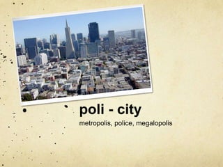 poli - city 
metropolis, police, megalopolis 
 