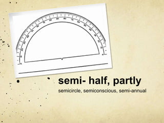 semi- half, partly 
semicircle, semiconscious, semi-annual 
 