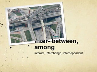 inter- between, 
among 
interact, interchange, interdependent 
 