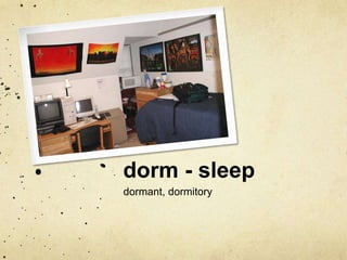 dorm - sleep 
dormant, dormitory 
 