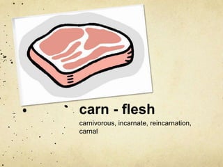 carn - flesh 
carnivorous, incarnate, reincarnation, 
carnal 
 