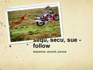 sequ, secu, sue - 
follow 
sequence, second, pursue 
 