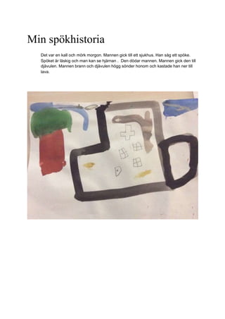 Min spökhistoria
Det var en kall och mörk morgon. Mannen gick till ett sjukhus. Han såg ett spöke.
Spöket är läskig och man kan se hjärnan . Den dödar mannen. Mannen gick den till
djävulen. Mannen brann och djävulen högg sönder honom och kastade han ner till
lava.
 