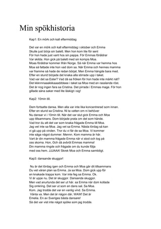 Min spökhistoria
Kap1: En mörk och kall eftermiddag
Det var en mörk och kall eftermiddag i oktober och Emma
Skulle just börja sin balett. Men hon kom lite för sent
För hon hade just varit hos sin pappa. För Emmas föräldrar
Var skilda. Hon gick på balett med sin kompis Moa.
Moas föräldrar kommer ifrån Norge. Så när Emma var hemma hos
Moa så fattade inte hon vad dom sa. När Emma och hennes mamma
var framme så hade de redan börjat. Men Emma hängde bara med.
Efter en stund började det knaka alla stirrade upp i taket.
Vad var det sa Ester? Vad då sa fröken för hon hade inte märkt nåt?
Det kkknnnaaakkkaaadddeee i taket sa Moa med en rasslande röst.
Det är nog ingen fara sa Cristina. Det pirrade i Emmas mage. För hon
gillade såna saker med lite läskigt i sig!
Kap2: 10min till.
Dem fortsatte dansa. Men alla var inte lika koncentrerad som innan.
Efter en stund sa Cristina. Ni ta vatten om ni behöver
Nu dansar vi i 10min till. När det var slut gick Emma och Moa
upp tillsammans. Dom började prata om det som hände.
Vad tror du att det var som knaka frågade Emma till Moa.
Jag vet inte sa Moa. Jag vet sa Emma. Nästa lördag så kan
vi gå upp på vinden. Tror du vi får de sa Moa. Vi kommer
inte säga något dummer. Mennn. Kom mamma är här.
Vart är din mamma frågade Emma när vi stod och tog på
oss skorna. Hon, Och då avbröt Emmas mamma!
Din mamma ringde och frågade om du kunde följa
med oss hem. JJJAAA! Skrek Moa och Emma samtidigt.
Kap3: dansande skuggor!
Nu är det lördag igen och Emma och Moa går dit tillsammans
Du vet våran plan sa Emma. Ja sa Moa. Dom gick upp för
en knakade trappa kom. Var inte feg sa Emma. Ok.
Vi är uppe nu. Det är skuggor. Dansande skuggor.
Men vad anurlunda det ser ut här. sa Emma när dom kollade
Sig omkring. Det ser ut som en dans sal. Sa Moa.
Kom. Jag trodde det var en vanlig vind. Sa Emma.
Vänta va. Men det är någon där, WAW! Det är
Emelia. En av Sveriges bästa dansare!
Så det var vist inte något spöke som jag trodde.
 