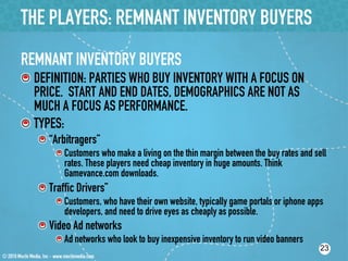 THE PLAYERS: REMNANT INVENTORY BUYERS
REMNANT INVENTORY BUYERS
!  DEFINITION: PARTIES WHO BUY INVENTORY WITH A FOCUS ON
   PRICE. START AND END DATES, DEMOGRAPHICS ARE NOT AS
   MUCH A FOCUS AS PERFORMANCE.
!  TYPES:
   !  “Arbitragers”
       !  Customers who make a living on the thin margin between the buy rates and sell
          rates. These players need cheap inventory in huge amounts. Think
          Gamevance.com downloads.
   !  Traffic Drivers”
       !  Customers, who have their own website, typically game portals or iphone apps
          developers, and need to drive eyes as cheaply as possible.
   !  Video Ad networks
       !  Ad networks who look to buy inexpensive inventory to run video banners
                                                                                     23
 