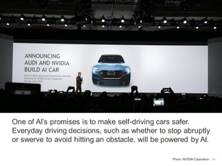 11Photo: NVIDIA Coporation
One of AI’s promises is to make self-driving cars safer.
Everyday driving decisions, such as whether to stop abruptly
or swerve to avoid hitting an obstacle, will be powered by AI.
11
 