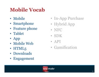 Mobile Vocab
•    Mobile          •    In-App Purchase
•    Smartphone      •    Hybrid App
•    Feature phone   •    NFC
•    Tablet
                     •    SDK
•    App
•    Mobile Web      •    API
•    HTML5           •    Gamification
•    Downloads
•    Engagement


                                            ds
 