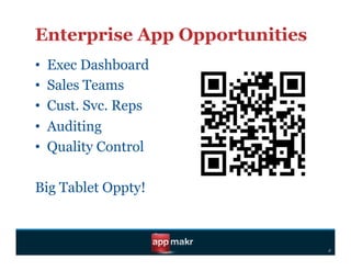 Enterprise App Opportunities
•    Exec Dashboard
•    Sales Teams
•    Cust. Svc. Reps
•    Auditing
•    Quality Control

Big Tablet Oppty!



                               d
 