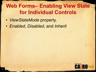 Web Forms– Enabling View State for Individual ControlsViewStateMode property.Enabled, Disabled, and Inherit13