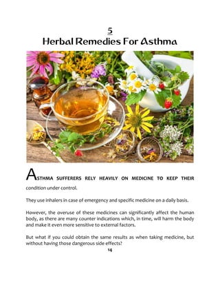 5
Herbal Remedies For Asthma
ASTHMA SUFFERERS RELY HEAVILY ON MEDICINE TO KEEP THEIR
condition under control.
They use inhalers in case of emergency and specific medicine on a daily basis.
However, the overuse of these medicines can significantly affect the human
body, as there are many counter indications which, in time, will harm the body
and make it even more sensitive to external factors.
But what if you could obtain the same results as when taking medicine, but
without having those dangerous side effects?
14
 