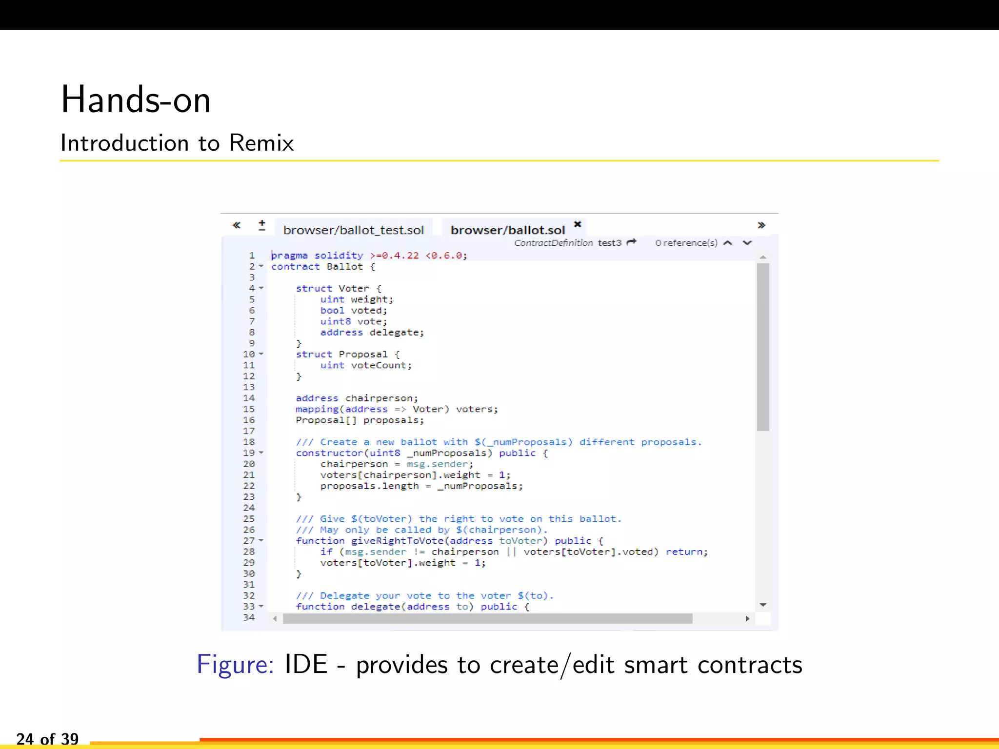 Hands-on
Introduction to Remix
Figure: IDE - provides to create/edit smart contracts
24 of 39
 