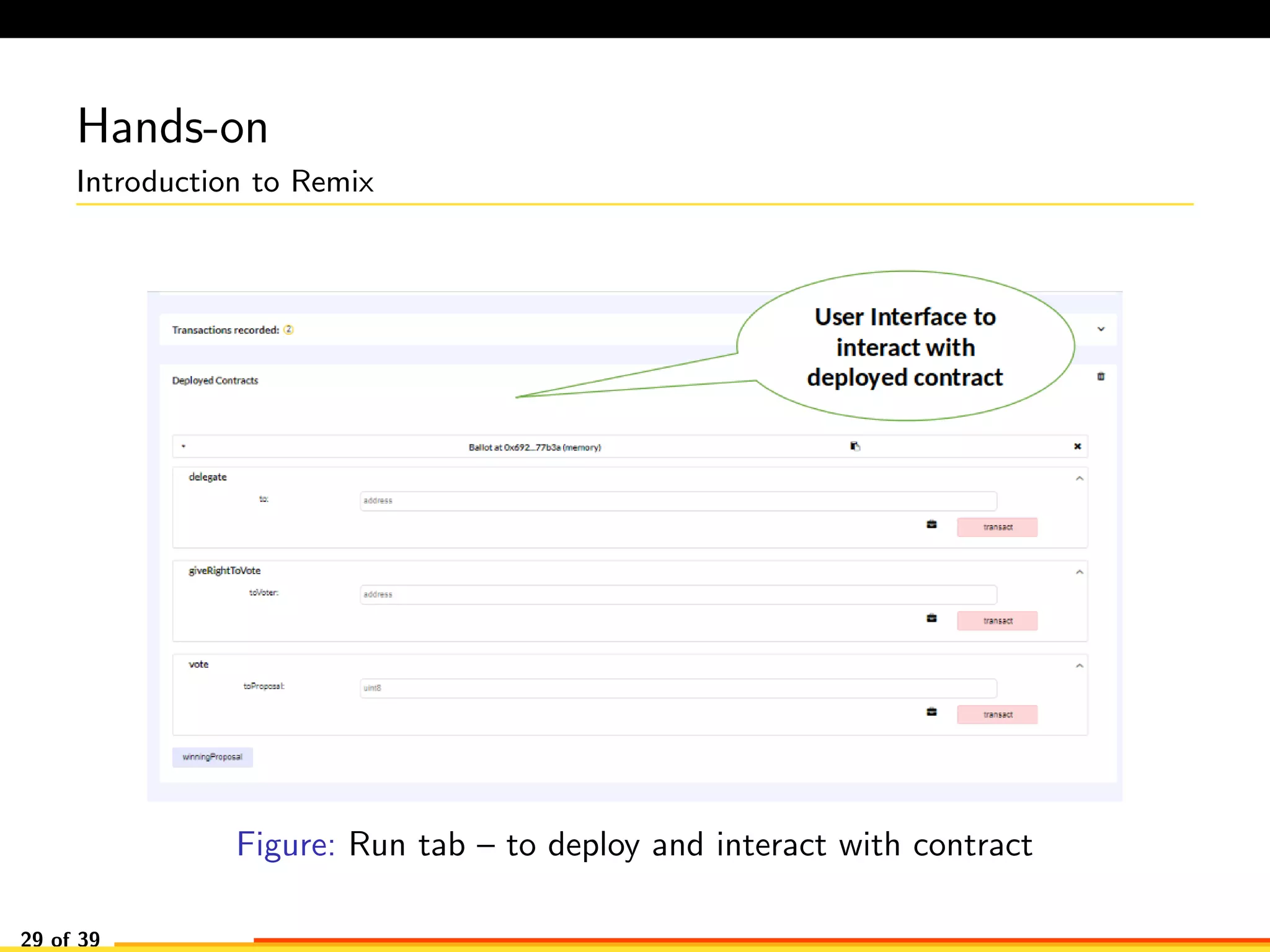 Hands-on
Introduction to Remix
Figure: Run tab – to deploy and interact with contract
29 of 39
 