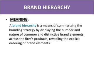 BRAND HIERARCHY
• MEANING:
A brand hierarchy is a means of summarizing the
branding strategy by displaying the number and
nature of common and distinctive brand elements
across the firm’s products, revealing the explicit
ordering of brand elements.
 