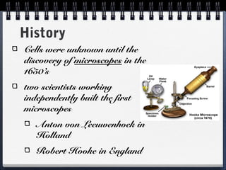 History
Cells were unknown until the
discovery of microscopes in the
1650’s
two scientists working
independently built the first
microscopes
   Anton von Leeuwenhoek in
   Holland
   Robert Hooke in England
 