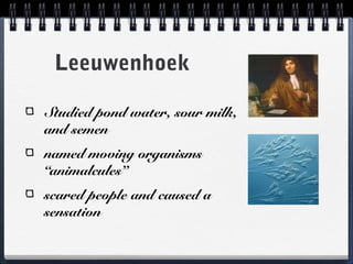 Leeuwenhoek

Studied pond water, sour milk,
and semen
named moving organisms
“animalcules”
scared people and caused a
sensation
 