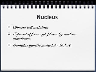 Nucleus
Directs cell activities
Separated from cytoplasm by nuclear
membrane
Contains genetic material - DNA
 