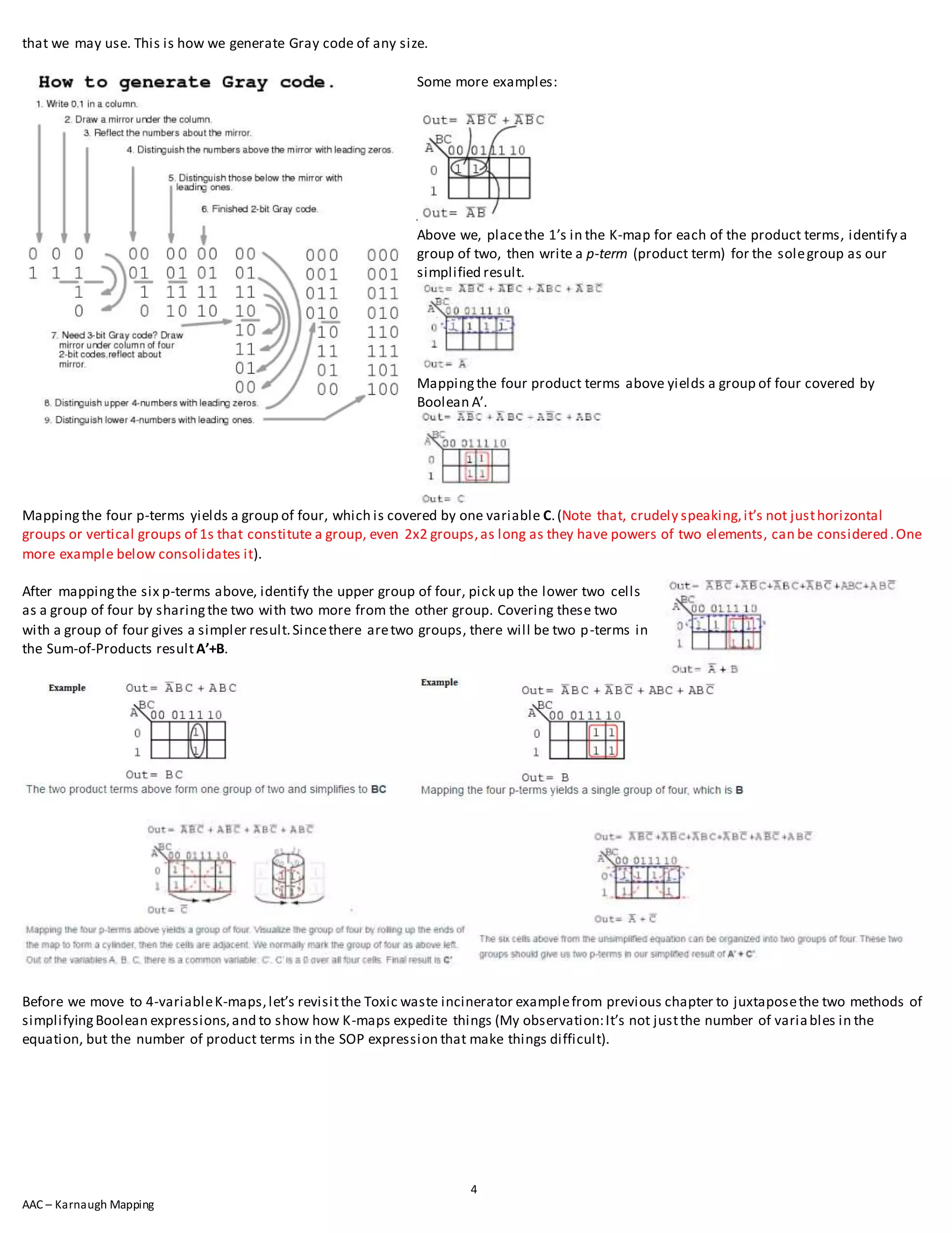 4
AAC – Karnaugh Mapping
that we may use. This is how we generate Gray code of any size.
Some more examples:
Above we, placethe 1’s in the K-map for each of the product terms, identify a
group of two, then write a p-term (product term) for the solegroup as our
simplified result.
Mappingthe four product terms above yields a group of four covered by
Boolean A’.
Mappingthe four p-terms yields a group of four, which is covered by one variable C.(Note that, crudely speaking,it’s not justhorizontal
groups or vertical groups of 1s that constitute a group, even 2x2 groups,as long as they have powers of two elements, can be considered.One
more example below consolidates it).
After mappingthe six p-terms above, identify the upper group of four, pick up the lower two cells
as a group of four by sharingthe two with two more from the other group. Covering these two
with a group of four gives a simpler result.Sincethere aretwo groups, there will be two p-terms in
the Sum-of-Products resultA’+B.
Before we move to 4-variableK-maps,let’s revisitthe Toxic waste incinerator examplefrom previous chapter to juxtaposethe two methods of
simplifyingBoolean expressions,and to show how K-maps expedite things (My observation:It’s not justthe number of variables in the
equation, but the number of product terms in the SOP expression that make things difficult).
 